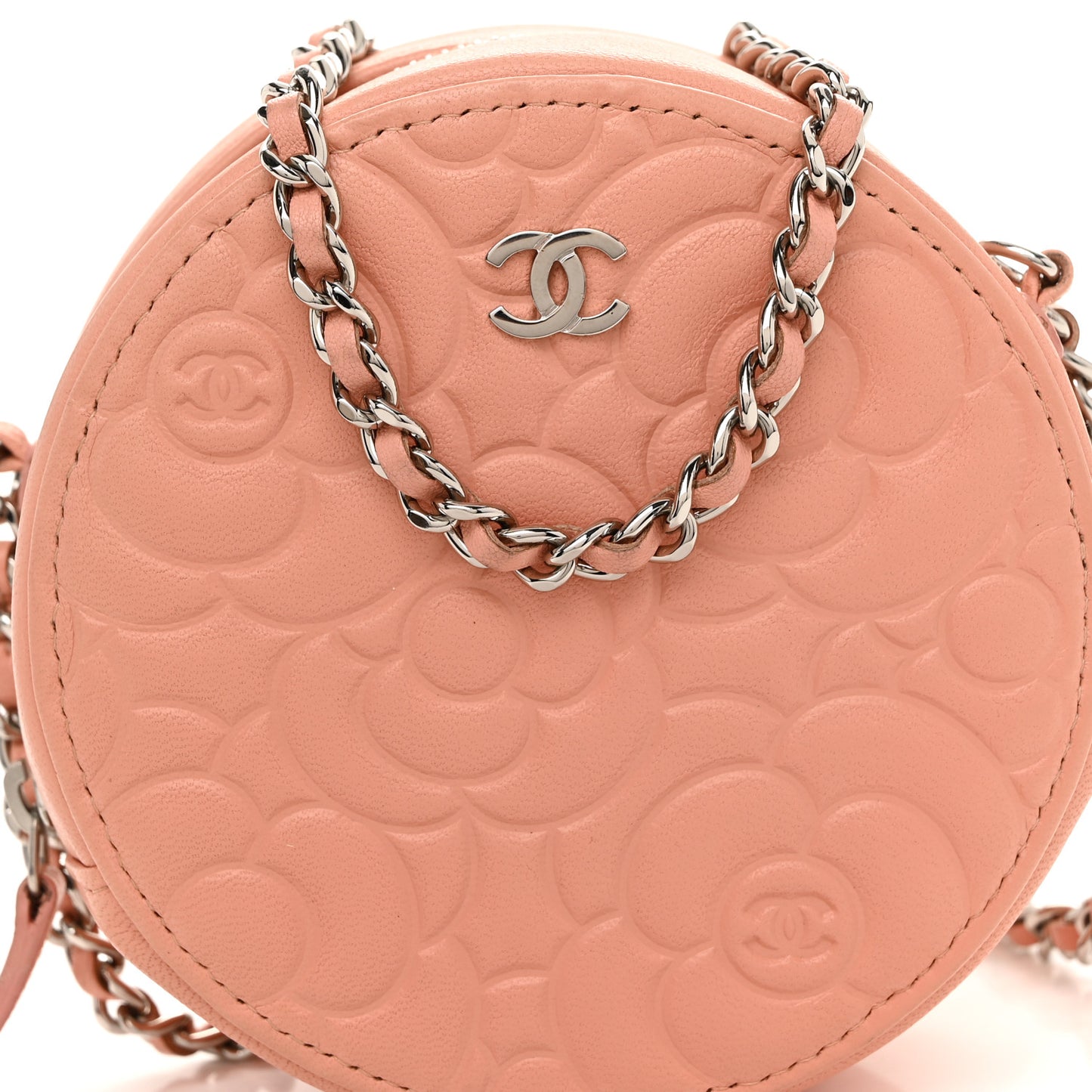 Lambskin Camellia Quilted Round Clutch With Chain Light Pink