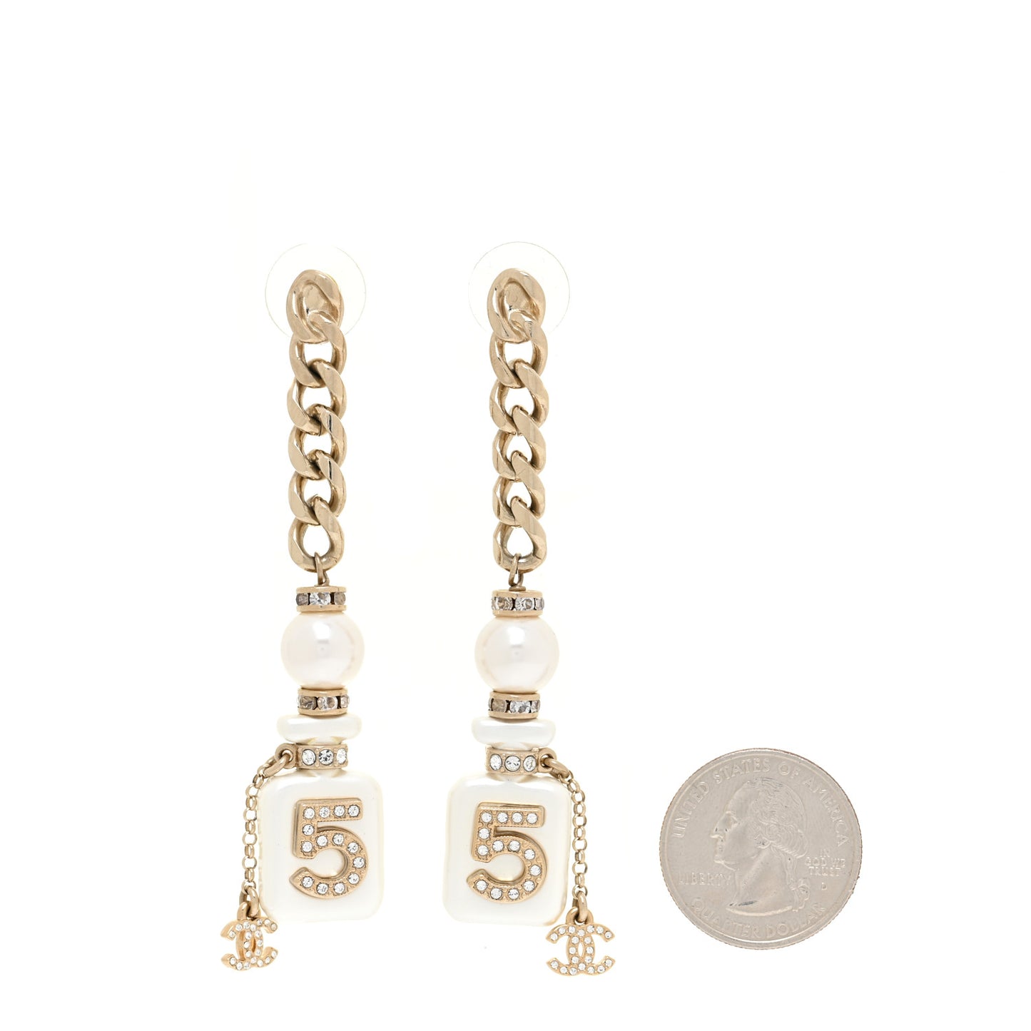 Pearl Resin Crystal CC No 5 Perfume Bottle Chain Drop Earrings Gold Pearly White
