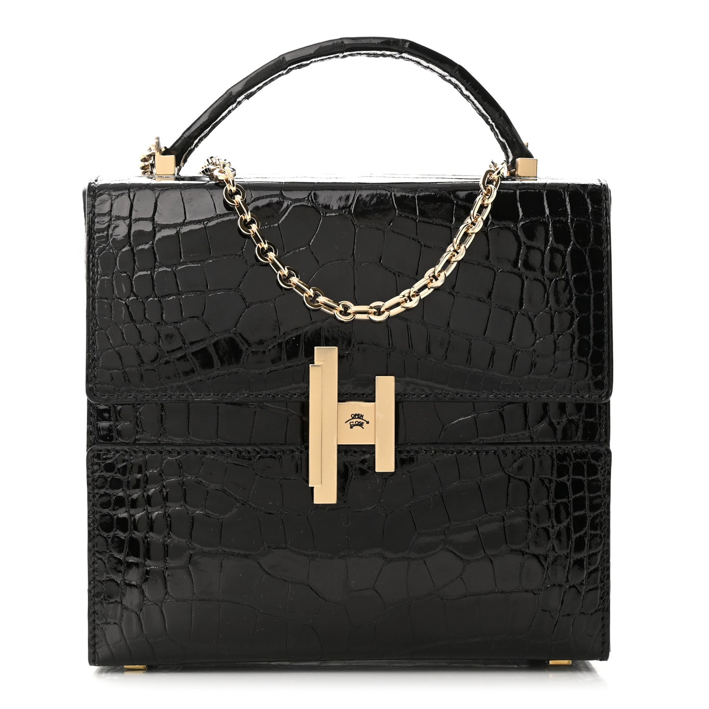 Shiny Alligator Cinhetic Boxy Top Handle Bag Black