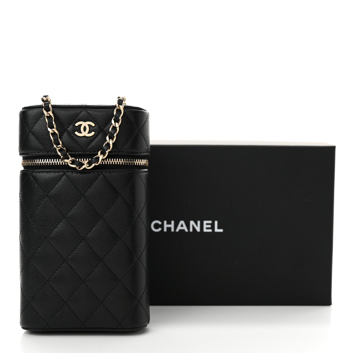 Caviar Quilted Phone Holder With Chain Black