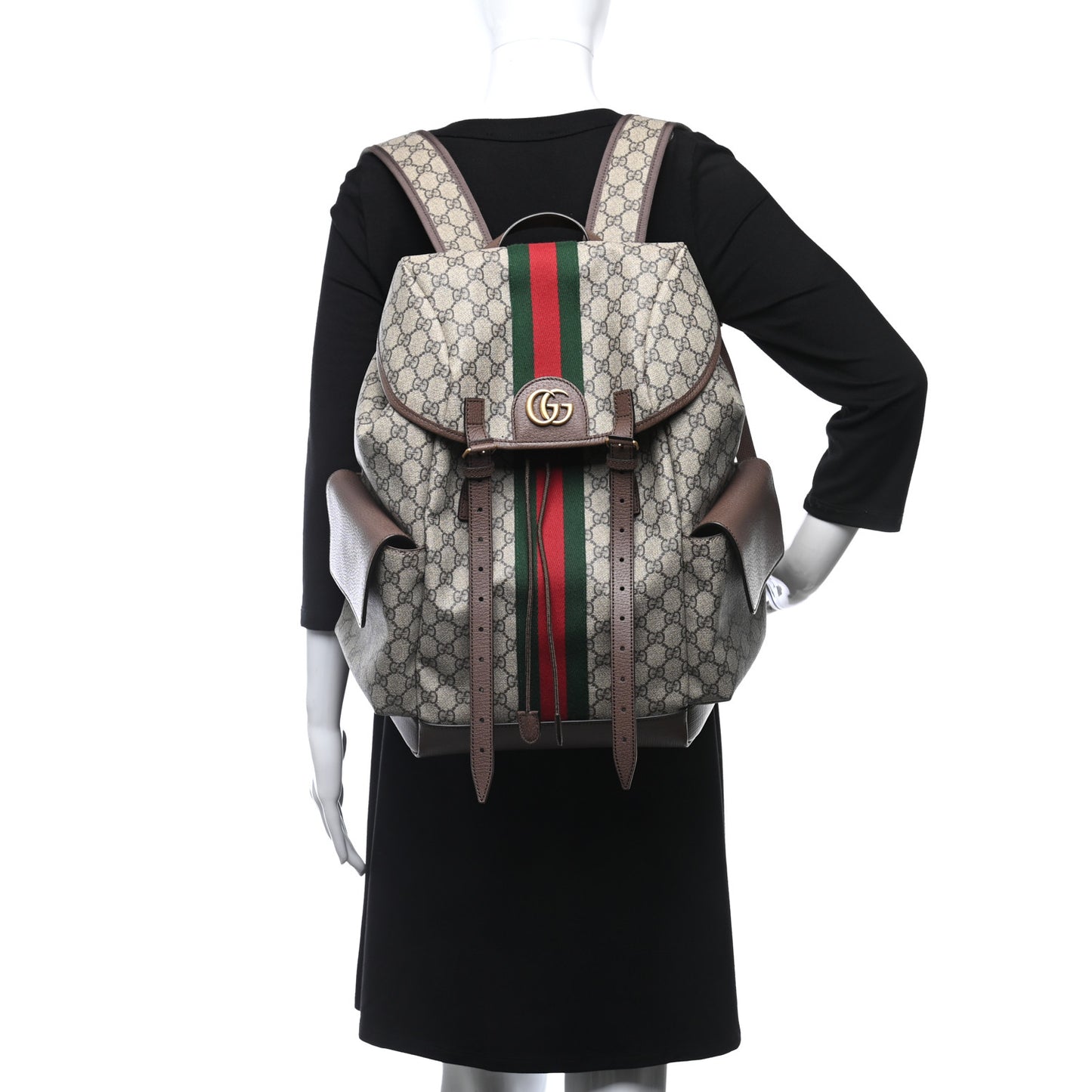 GG Supreme Monogram Medium Ophidia Double Buckle Backpack Brown