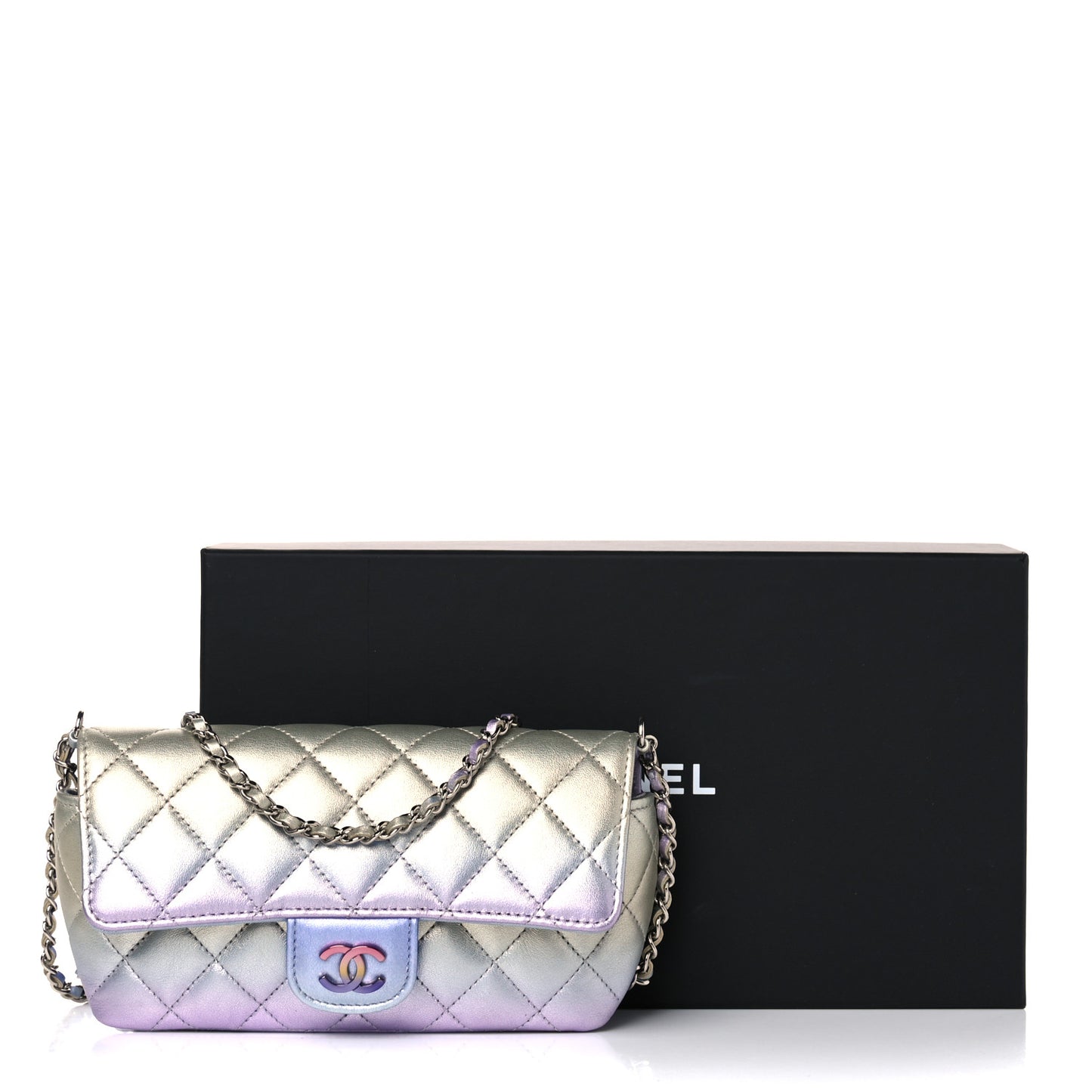 Gradient Metallic Calfskin Quilted Glasses Case With Chain Silver Blue Yellow Purple