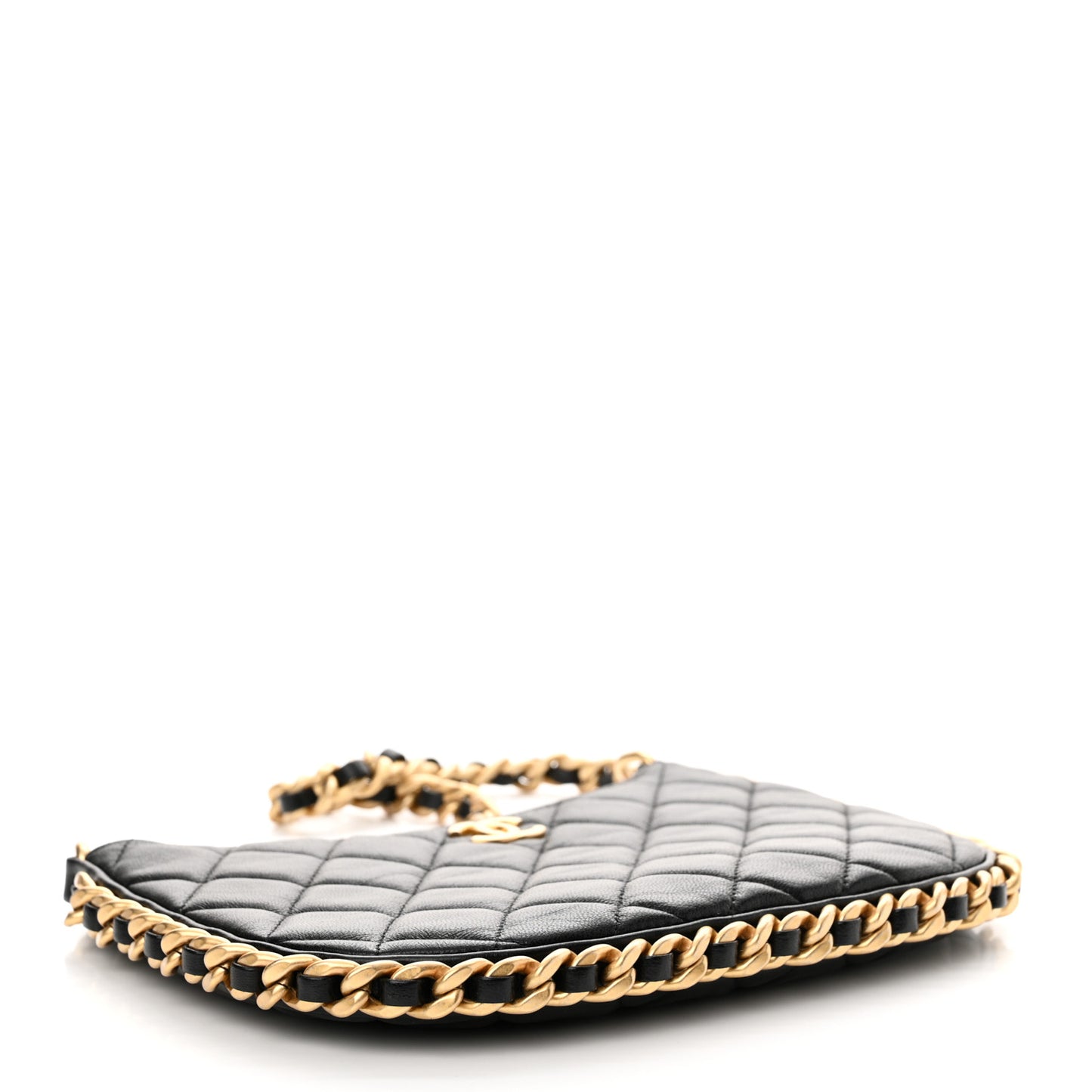 Shiny Crumpled Lambskin Quilted Trendy Chain Around Hobo Black