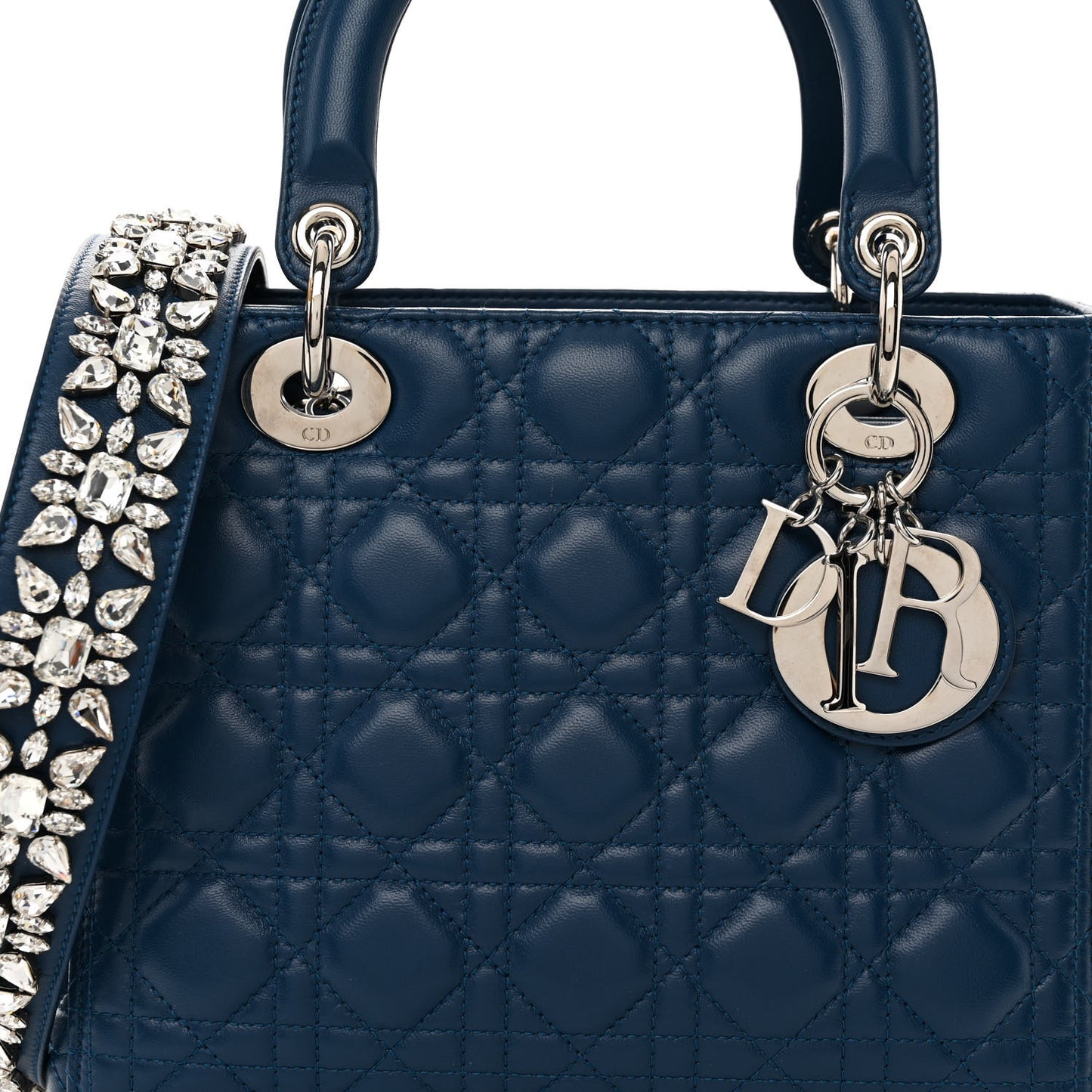 Lambskin Cannage Medium Lady Dior Crystal Strap Navy
