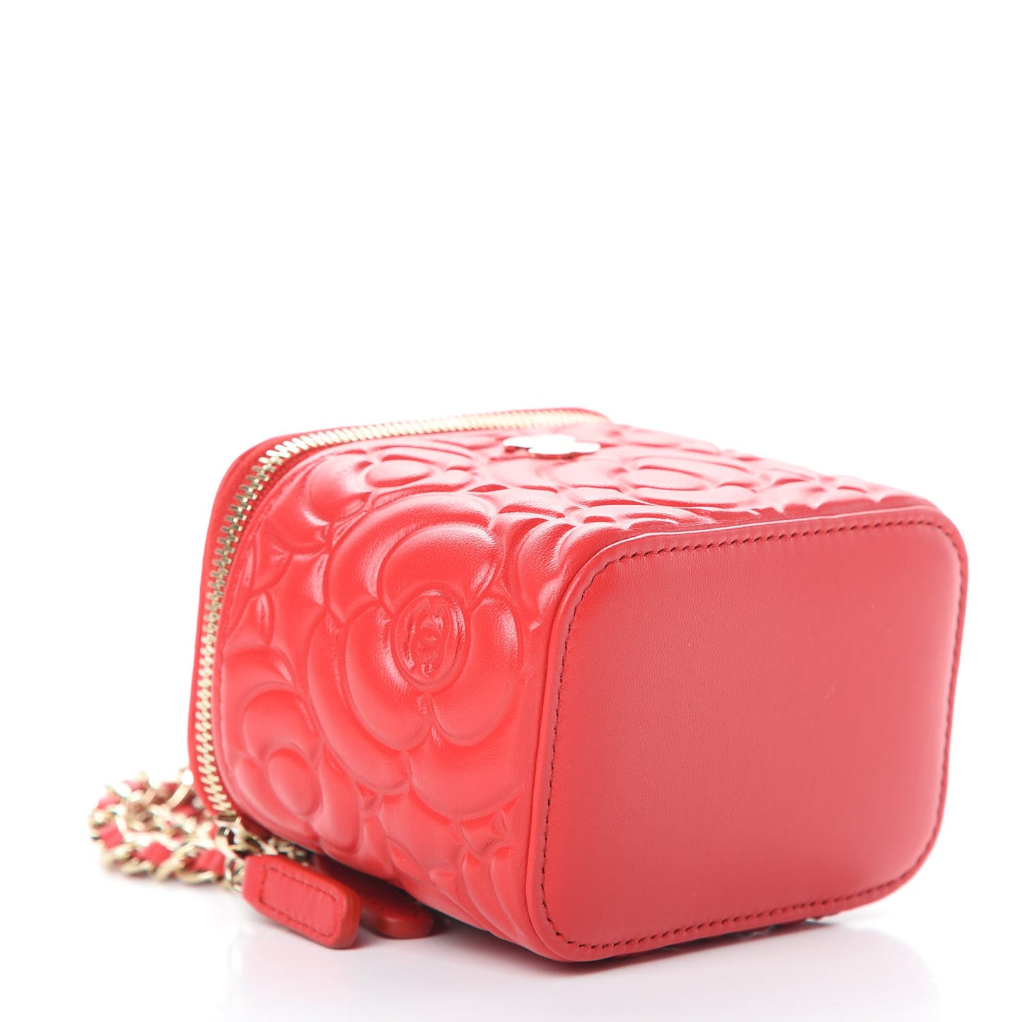Lambskin Camellia Embossed Mini Vanity Case With Chain Red