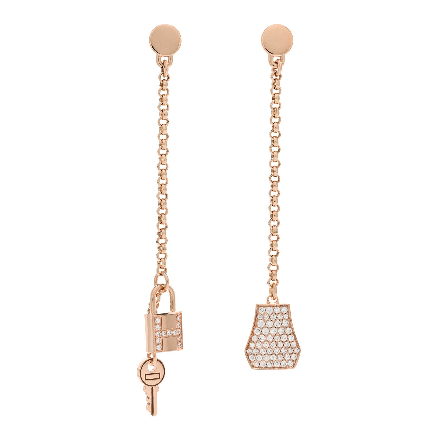 Hermes 18K Rose Gold Diamond Kelly Clochette Drop Earrings 1 of 5