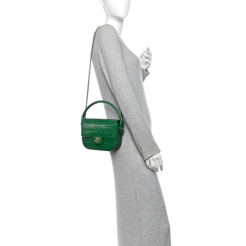 Calfskin Crocodile Embossed Turn Around Mini Flap Emerald