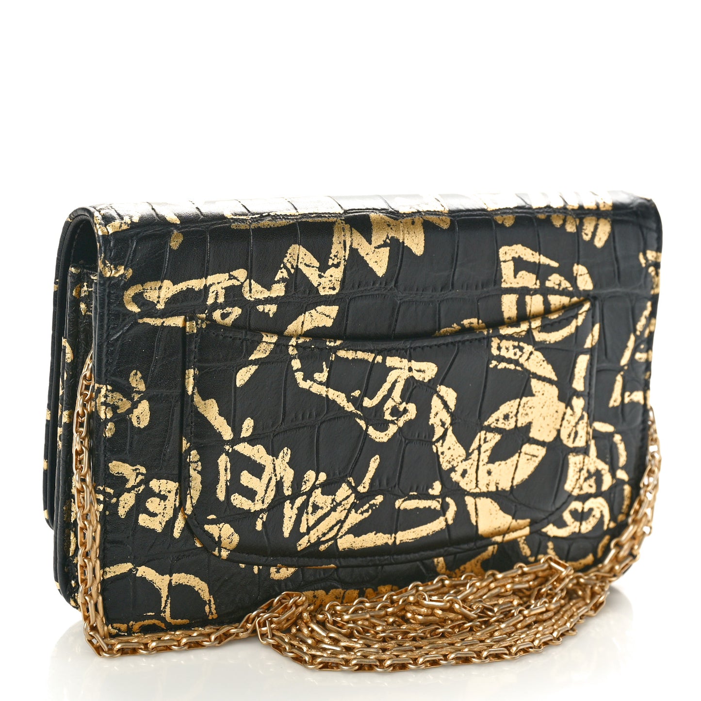 Calfskin Crocodile Embossed Graffiti 2.55 Cocodile Reissue Wallet On Chain WOC Black Gold