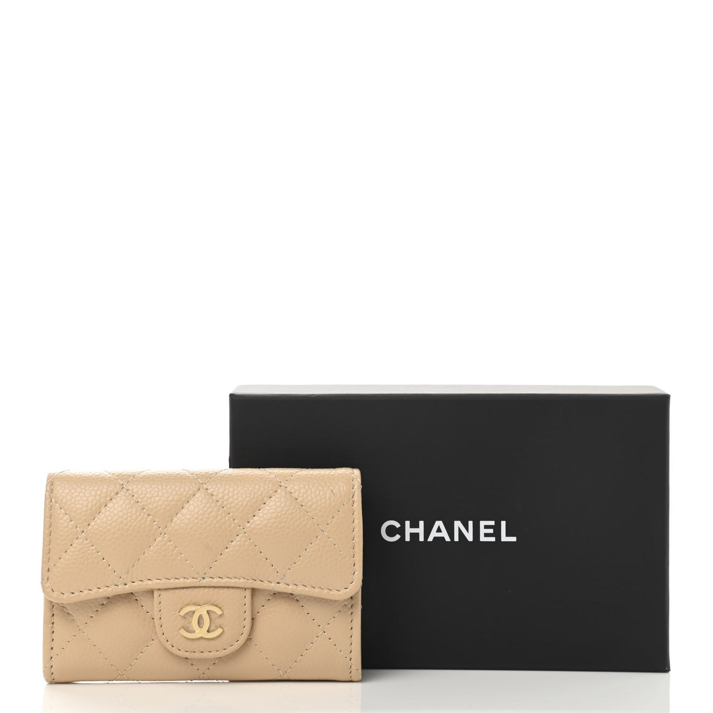 Caviar Quilted Flap Card Holder Wallet Beige