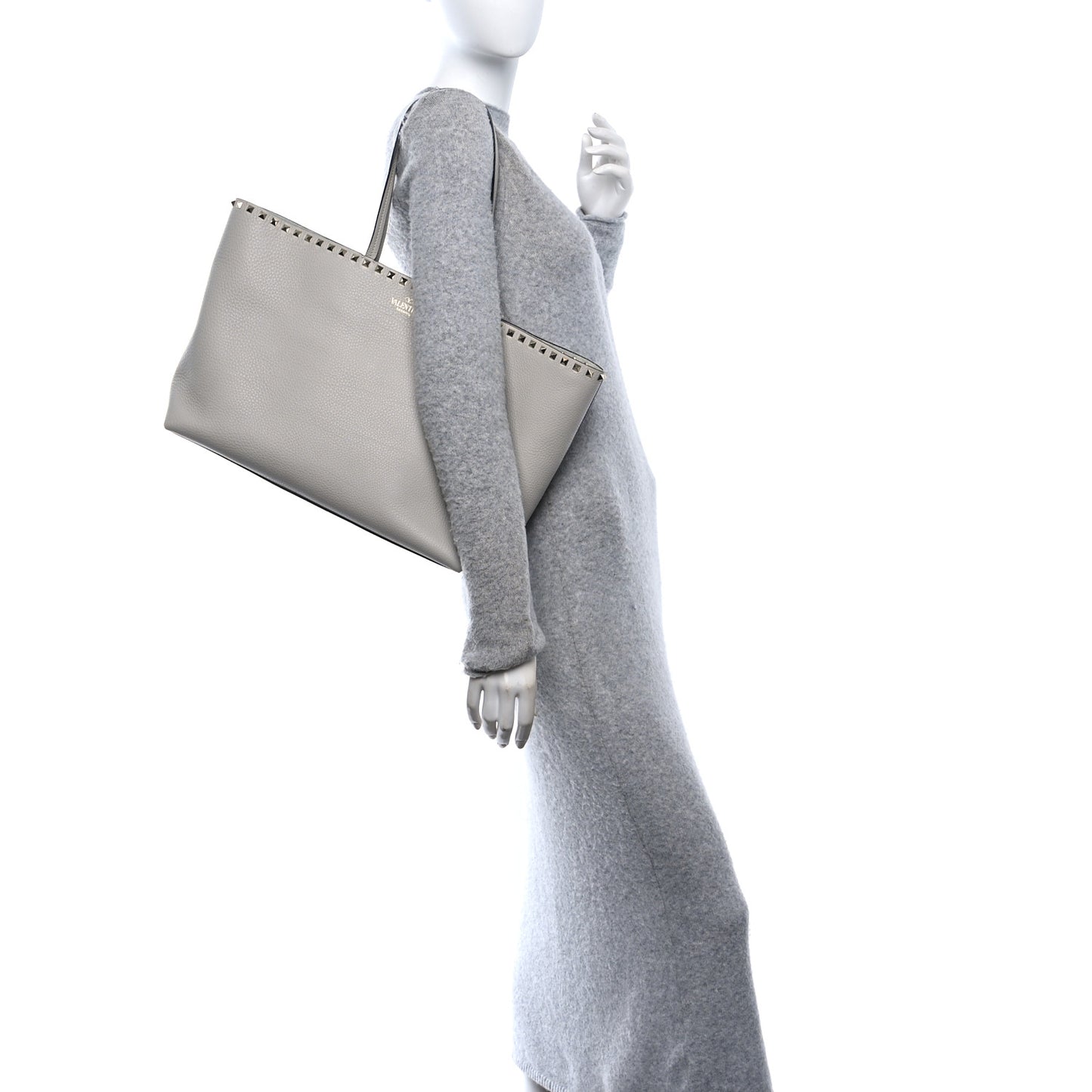 Grained Calfskin Rockstud Shoulder Tote Opal Grey