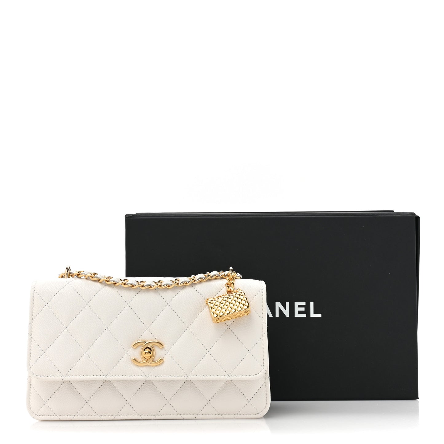 Shiny Caviar Quilted Flap Charm Wallet On Chain WOC White