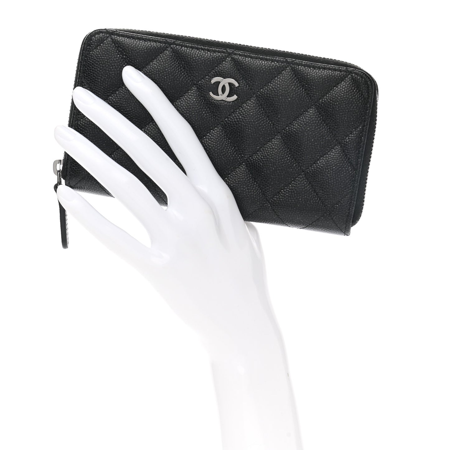 Iridescent Caviar Quilted Medium Zip Around Wallet Black