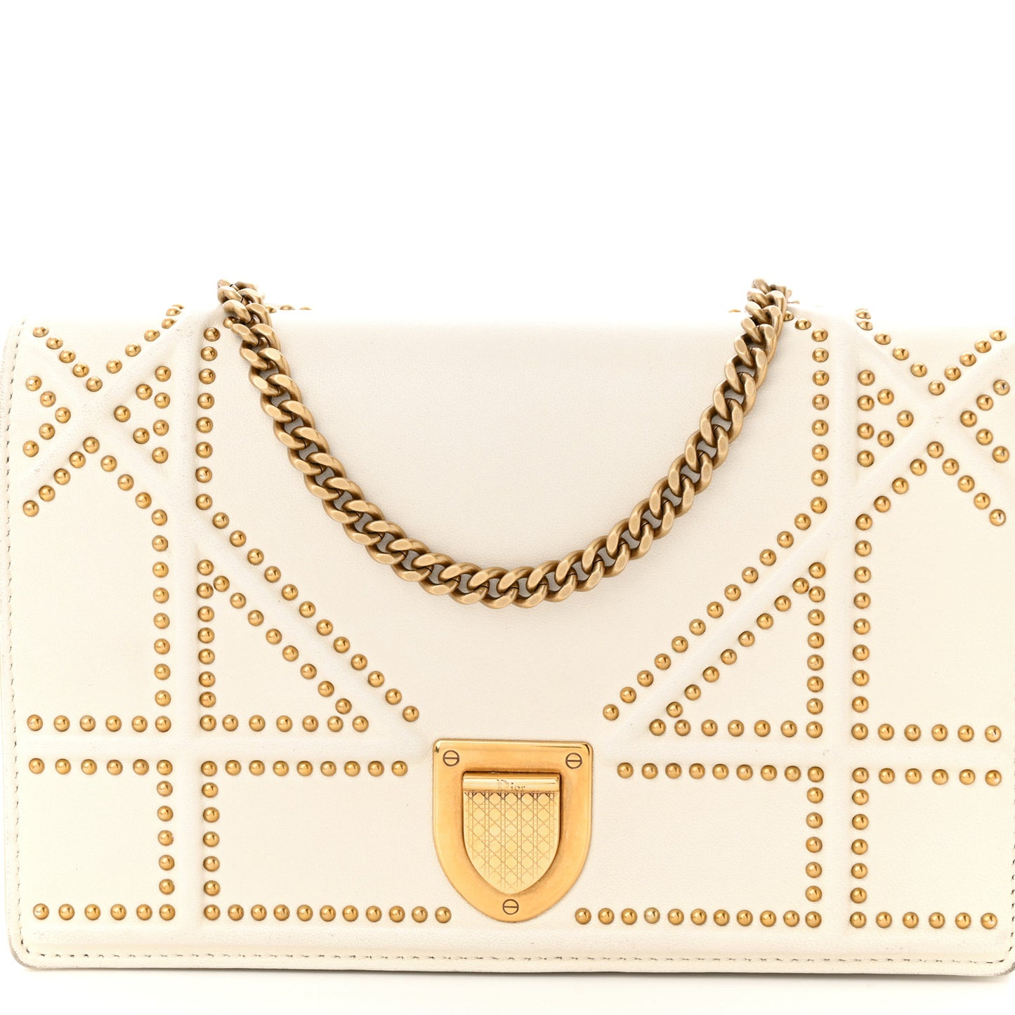 Lambskin Studded Diorama Wallet on Chain Pouch Off White