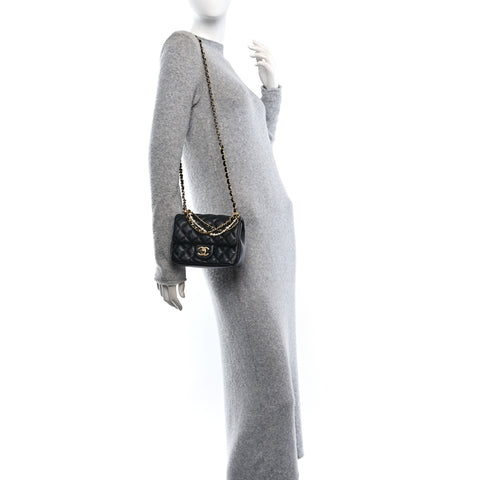 Shiny Lambskin Quilted Pearl Twist Mini Square Flap Black