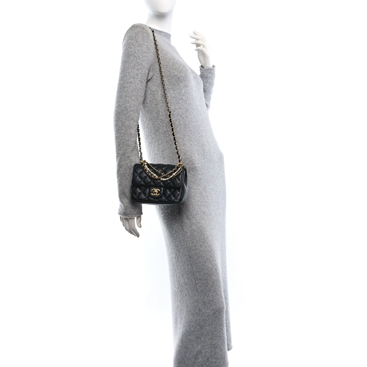Shiny Lambskin Quilted Pearl Twist Mini Square Flap Black