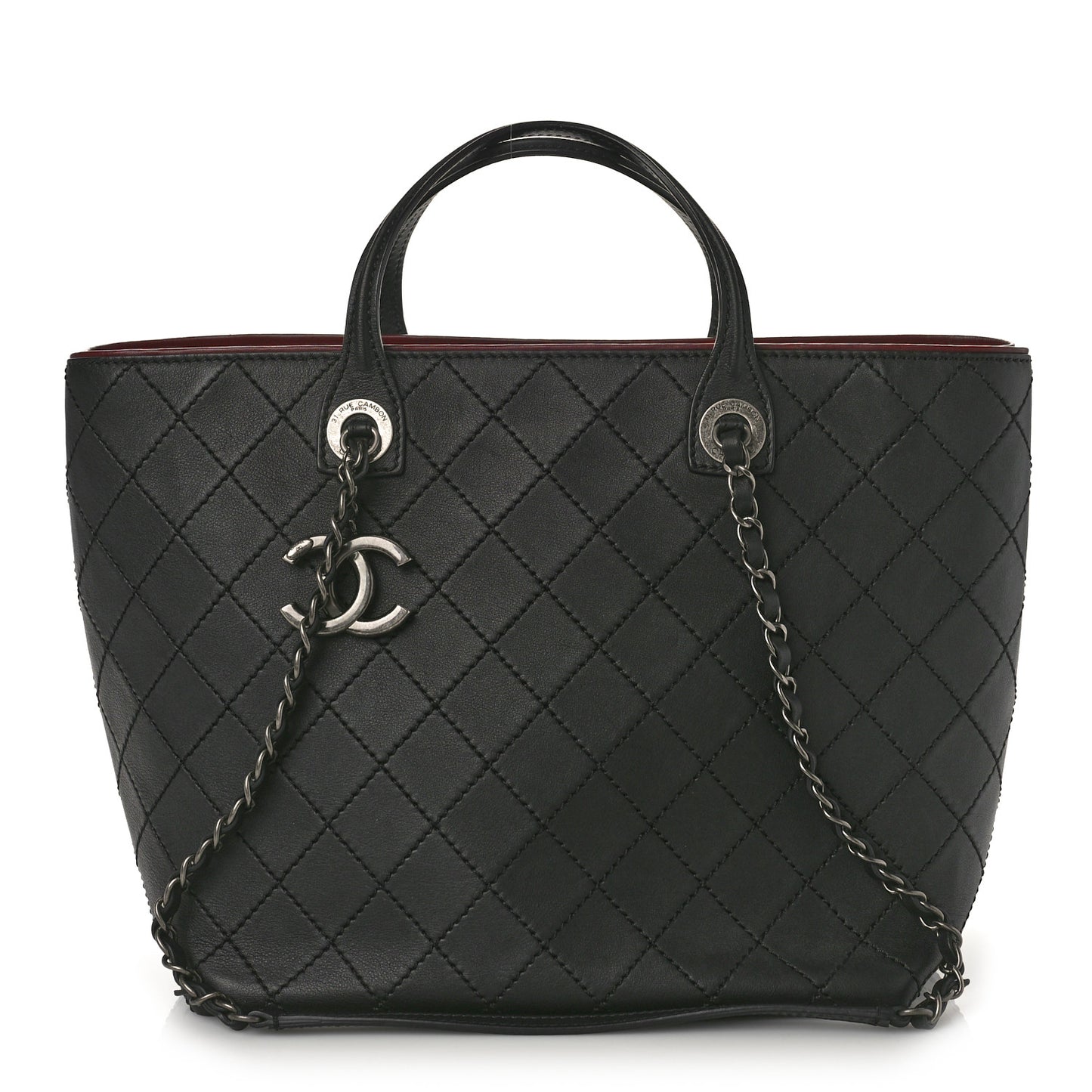 Calfskin Stitched Medium Shopping Tote Black