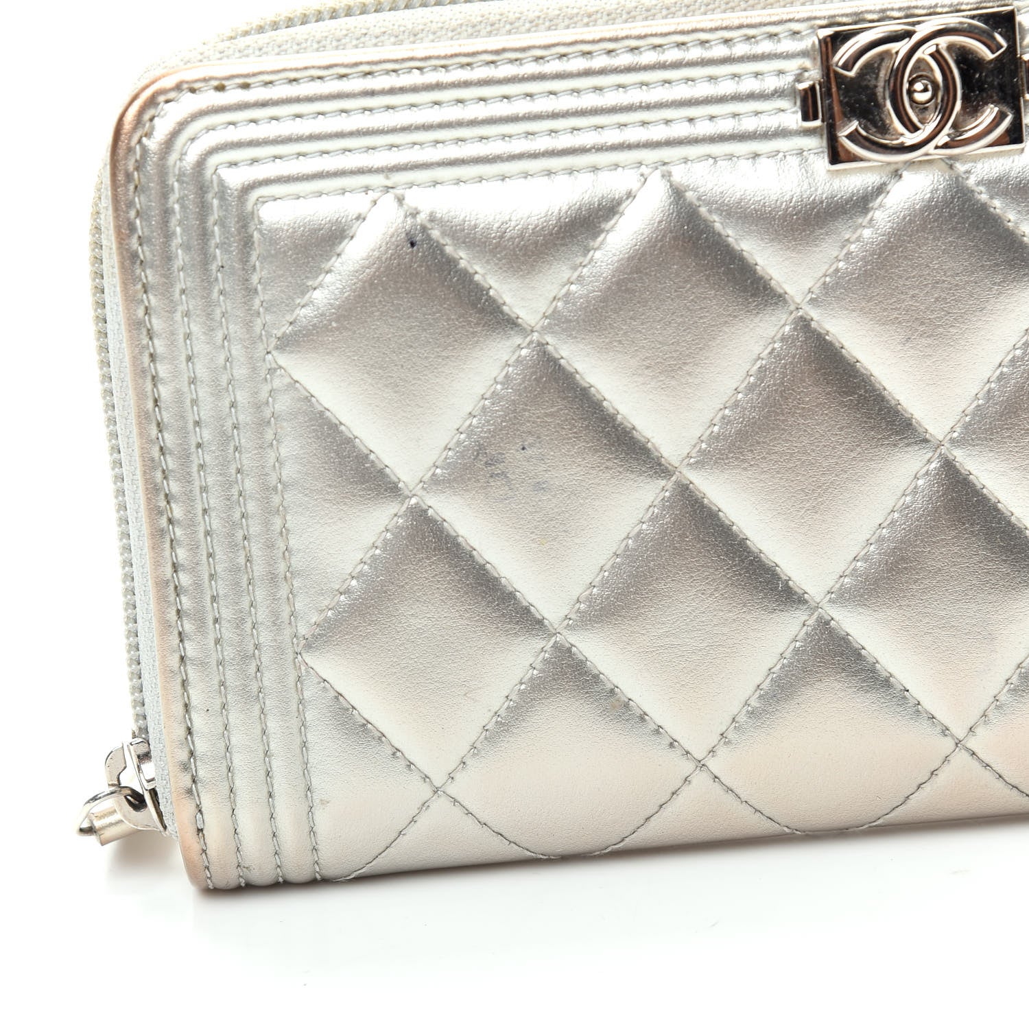 Chanel Metallic Calfskin Quilted Boy Zip Around Wallet Silver 8 of 13
