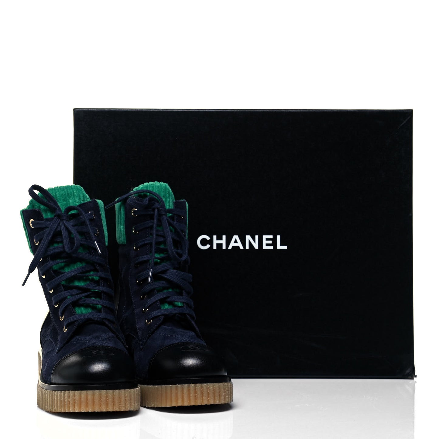 Suede Calfskin Velvet Quilted CC Combat Boots 38 Navy Green Black
