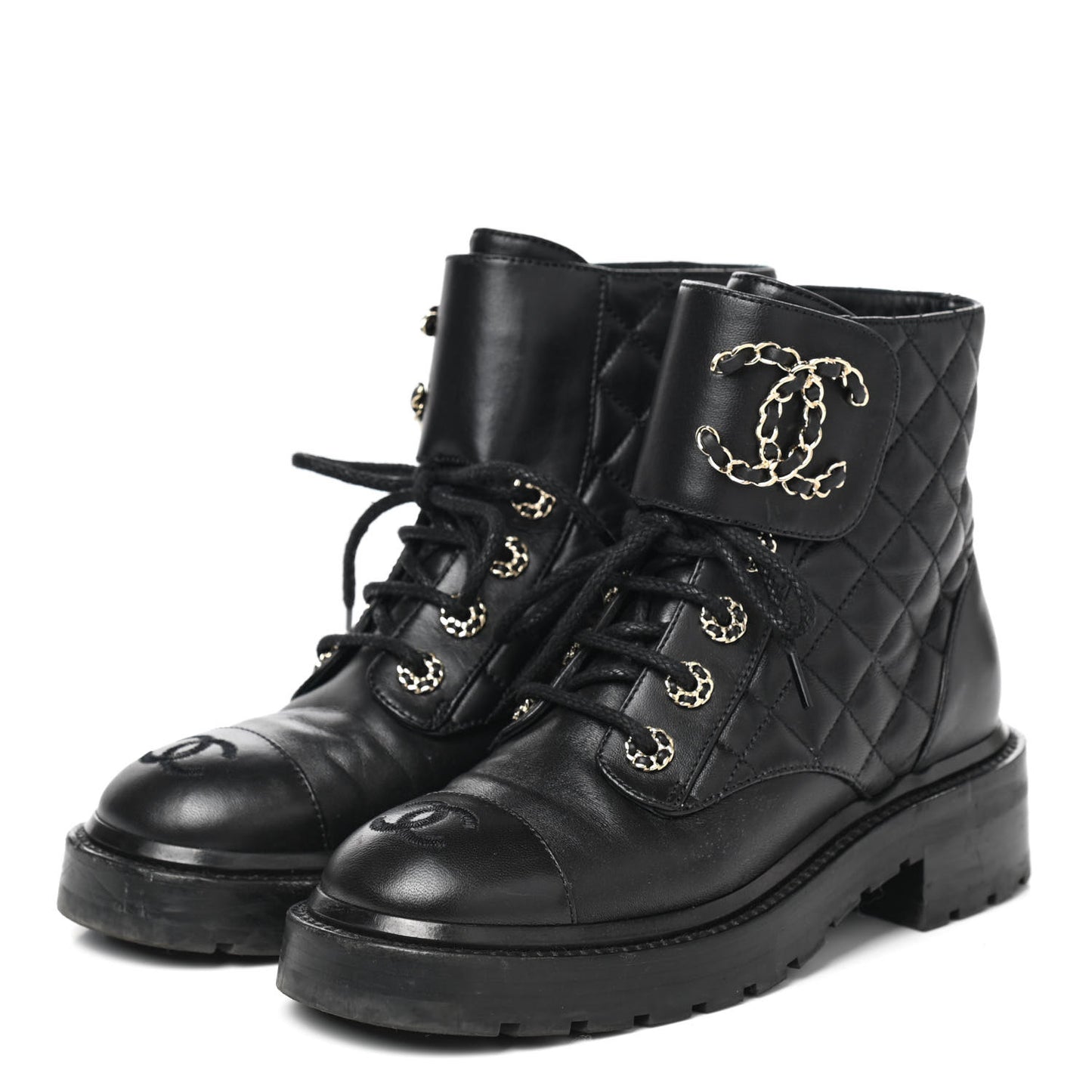 Shiny Lambskin Quilted Lace Up Combat Boots 35 Black