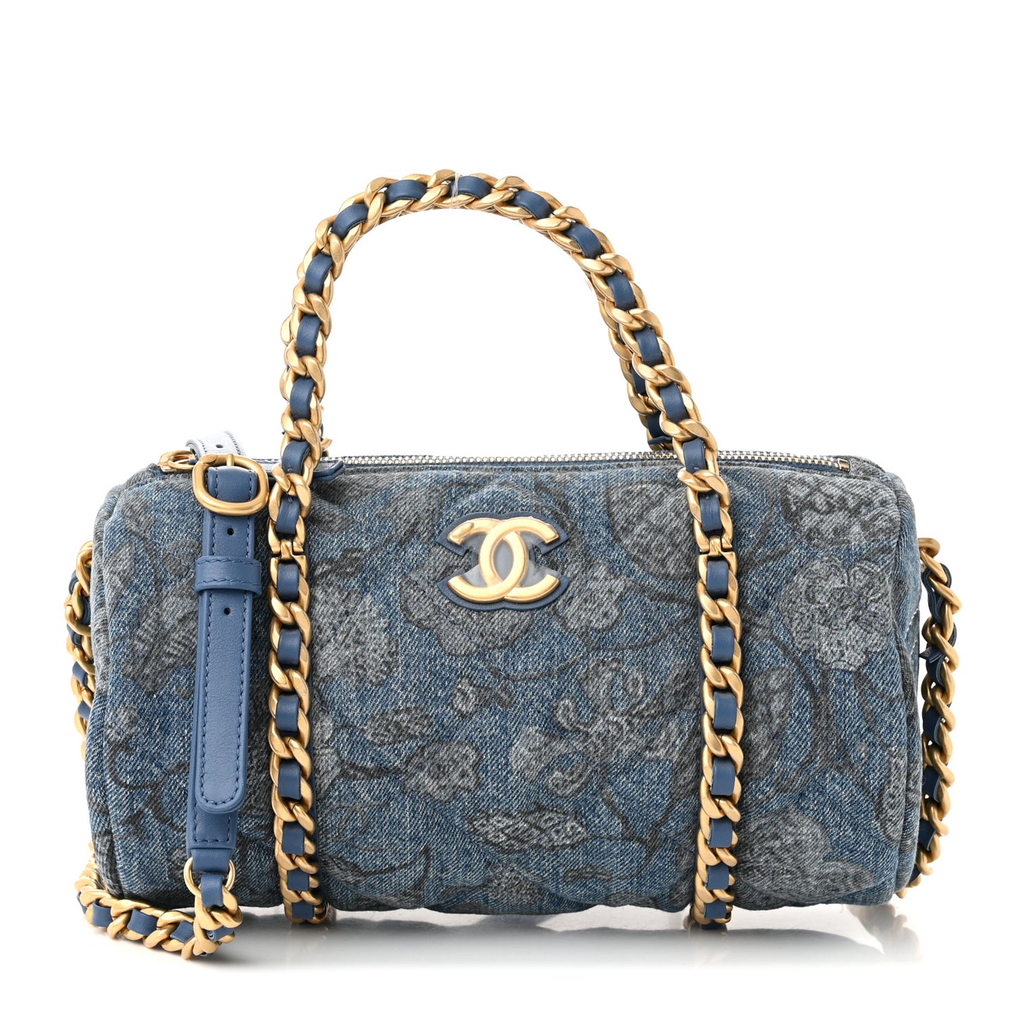 Denim Printed Destination Chenonceau Bowling Bag Blue Grey White