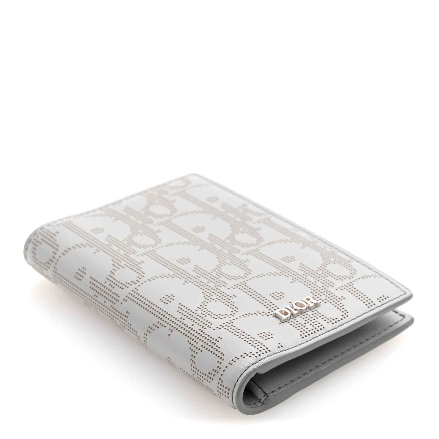 Calfskin Perforated Oblique Bi-Fold Card Holder Grey