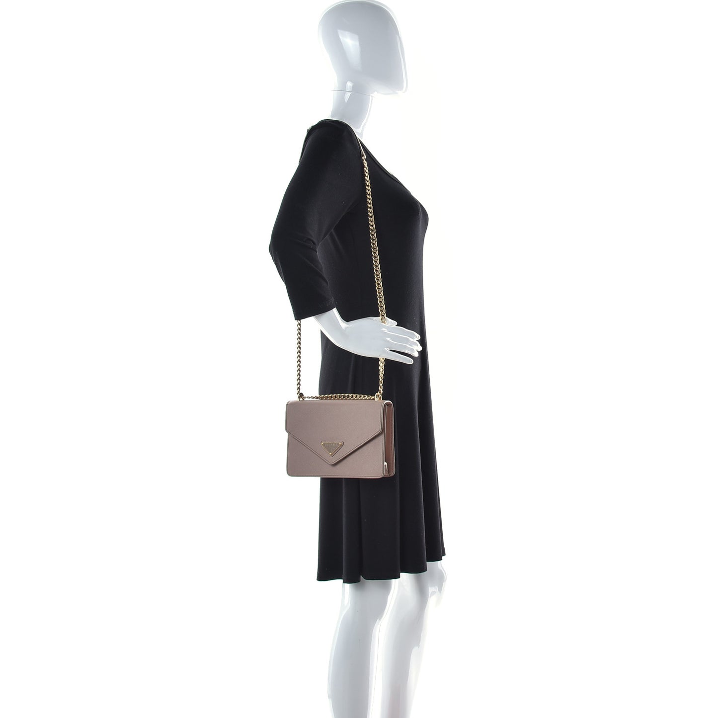 Saffiano Soft Calfskin Metal Triangle Logo Envelope Chain Shoulder Bag Cammeo