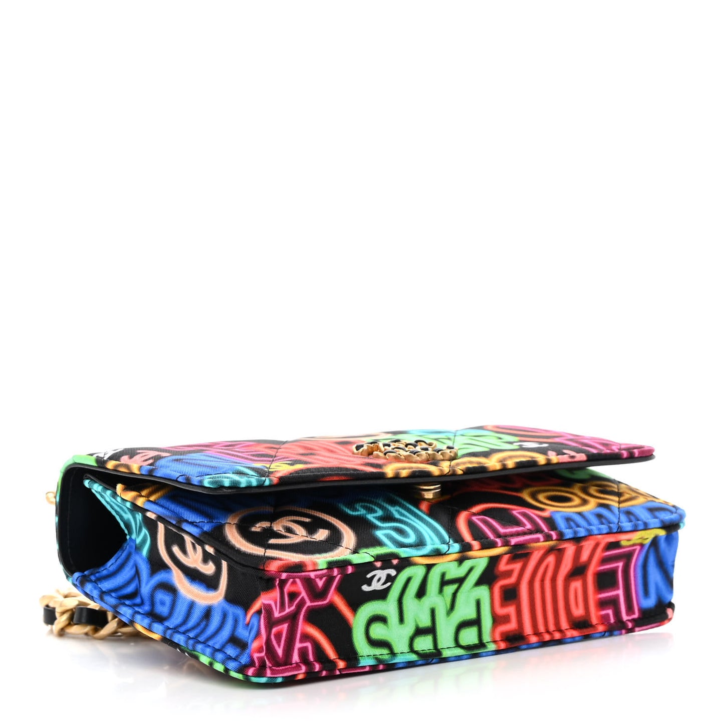 Fabric Printed Chanel 19 Wallet On Chain WOC Black Multicolor