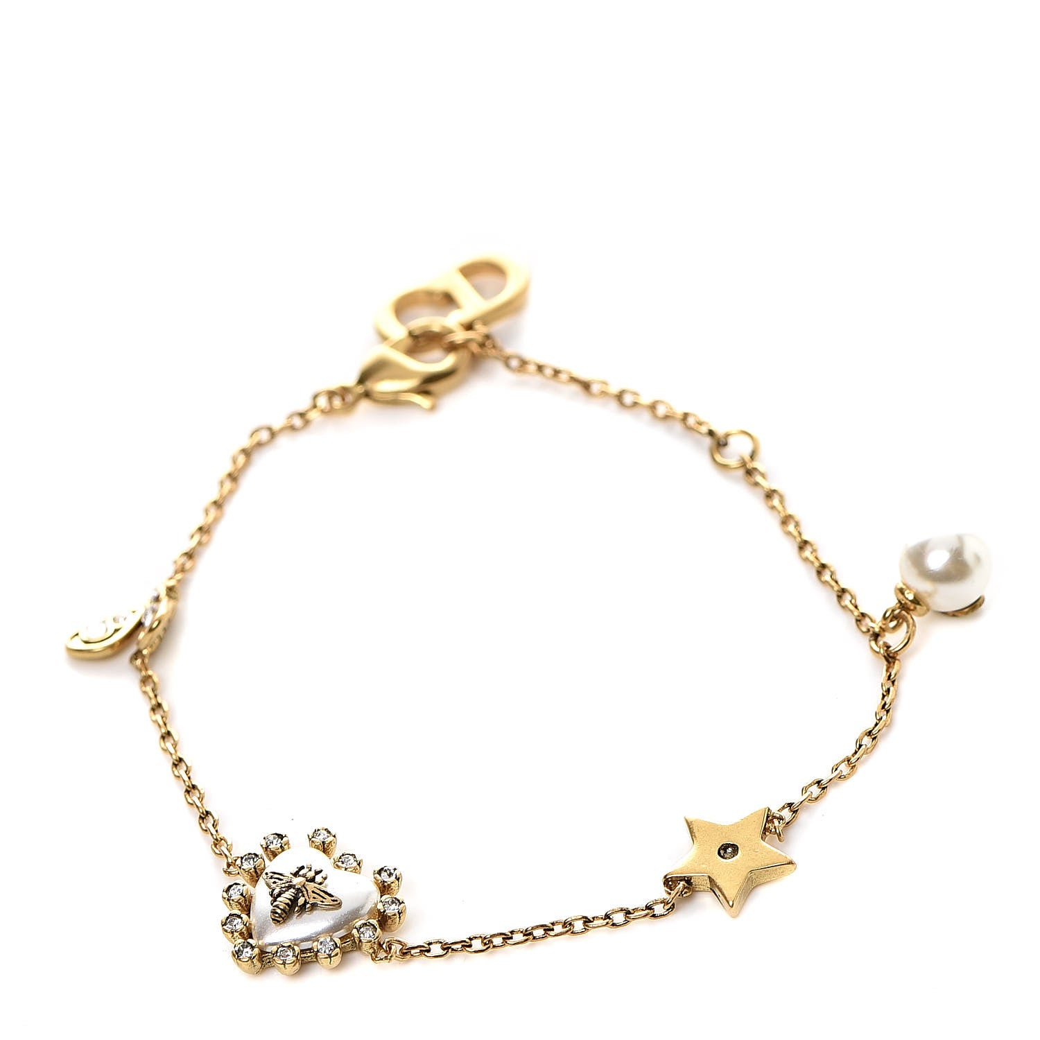 Christian Dior CD Crystal Heart Station Charms Bracelet Gold