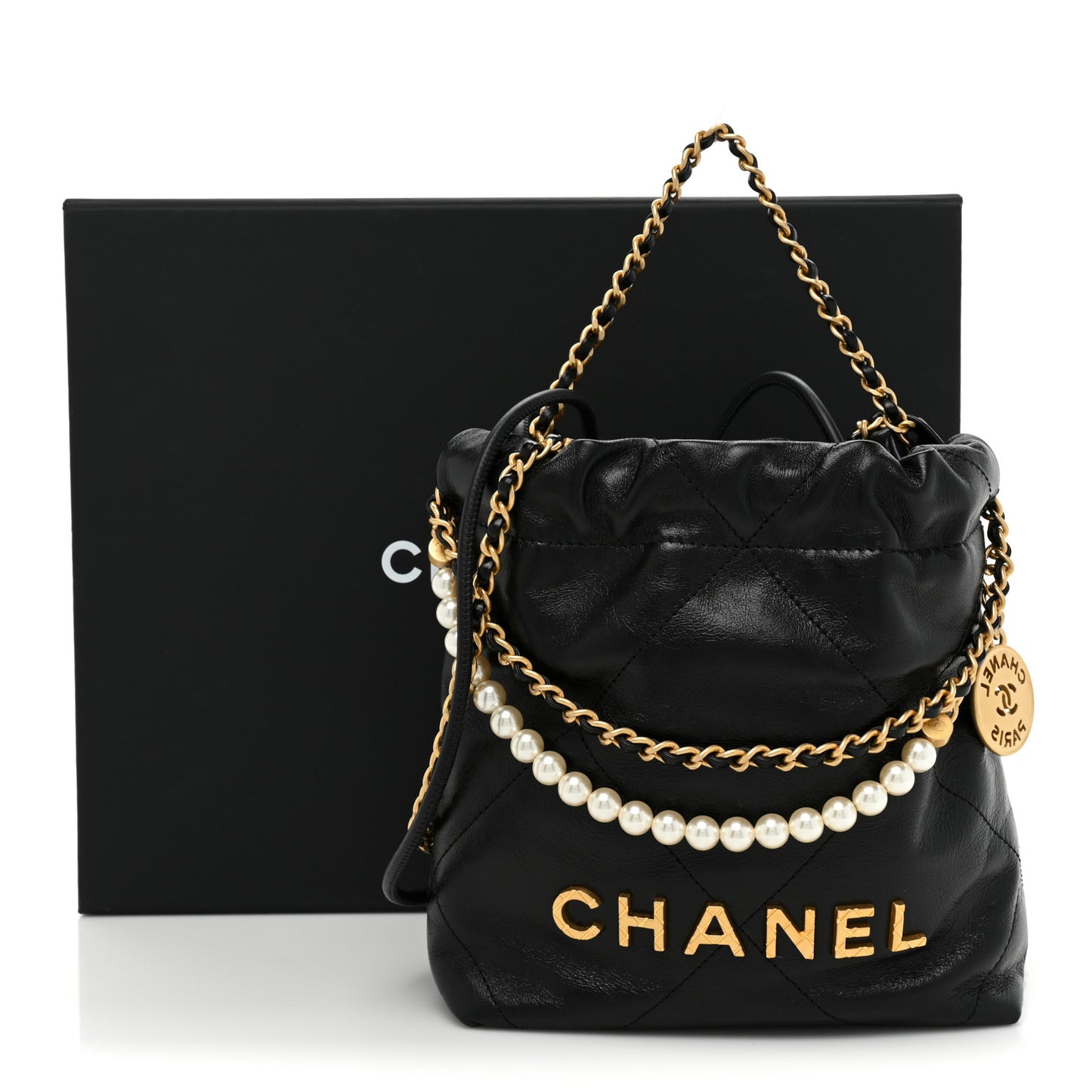 Shiny Crumpled Calfskin Quilted Pearl Mini Chanel 22 Black