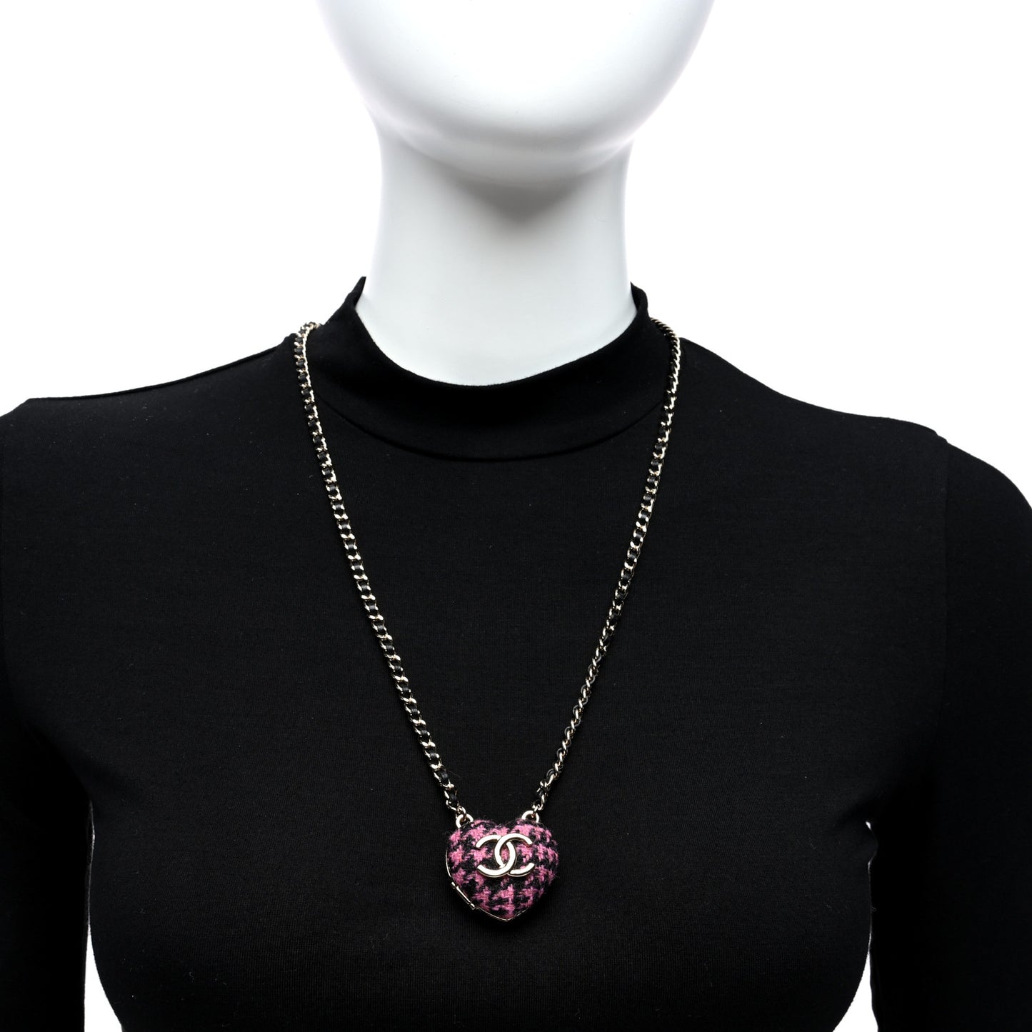 Tweed Lambskin CC Heart Locket Necklace Gold Black Pink