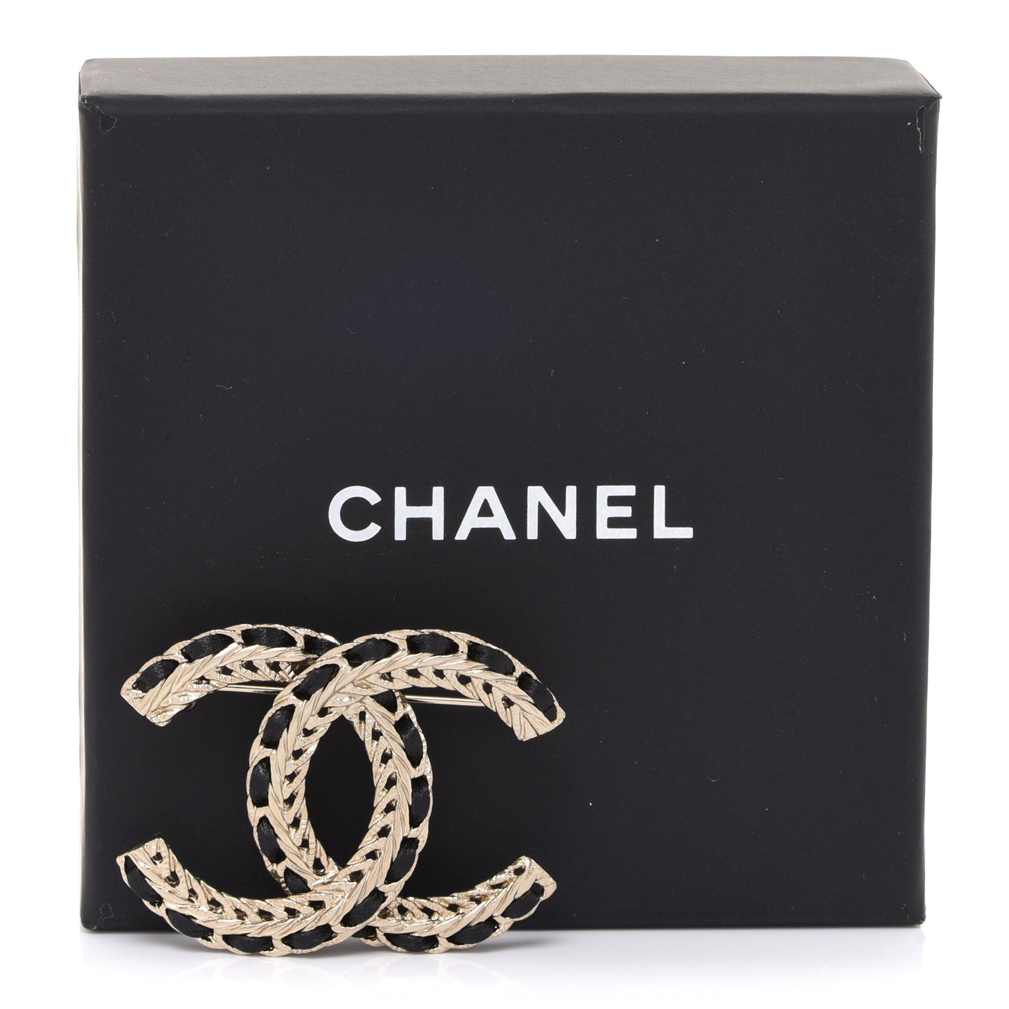 Lambskin Chain CC Brooch Black Gold