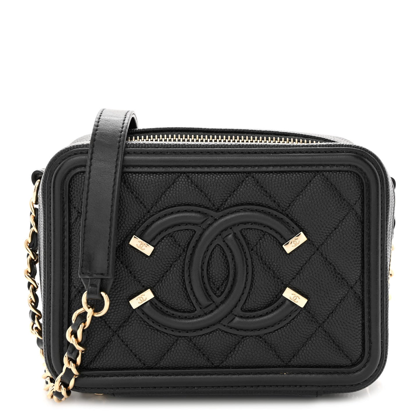 Caviar Quilted CC Filigree Vanity Clutch With Chain Black