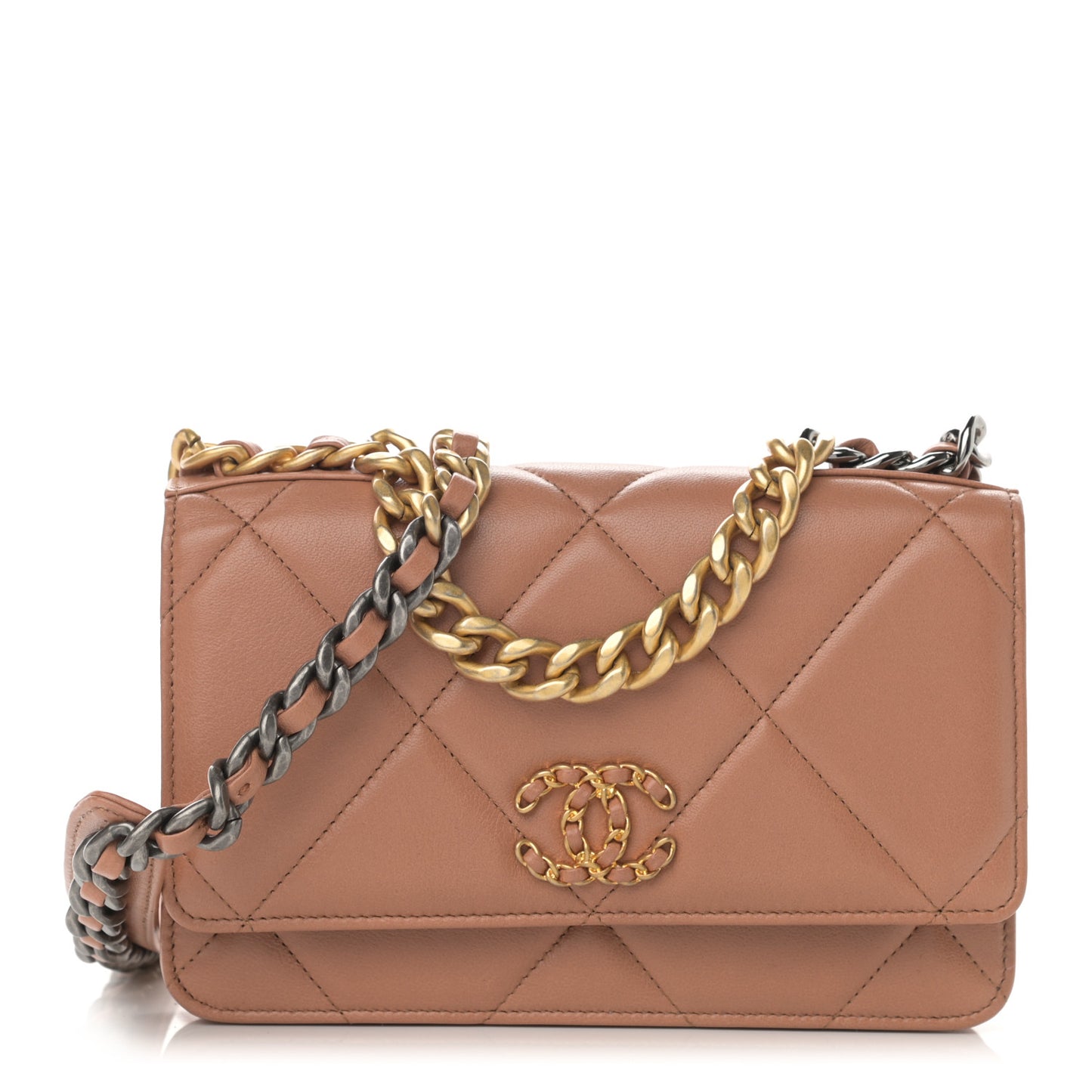 Lambskin Quilted Chanel 19 Wallet On Chain WOC Brown