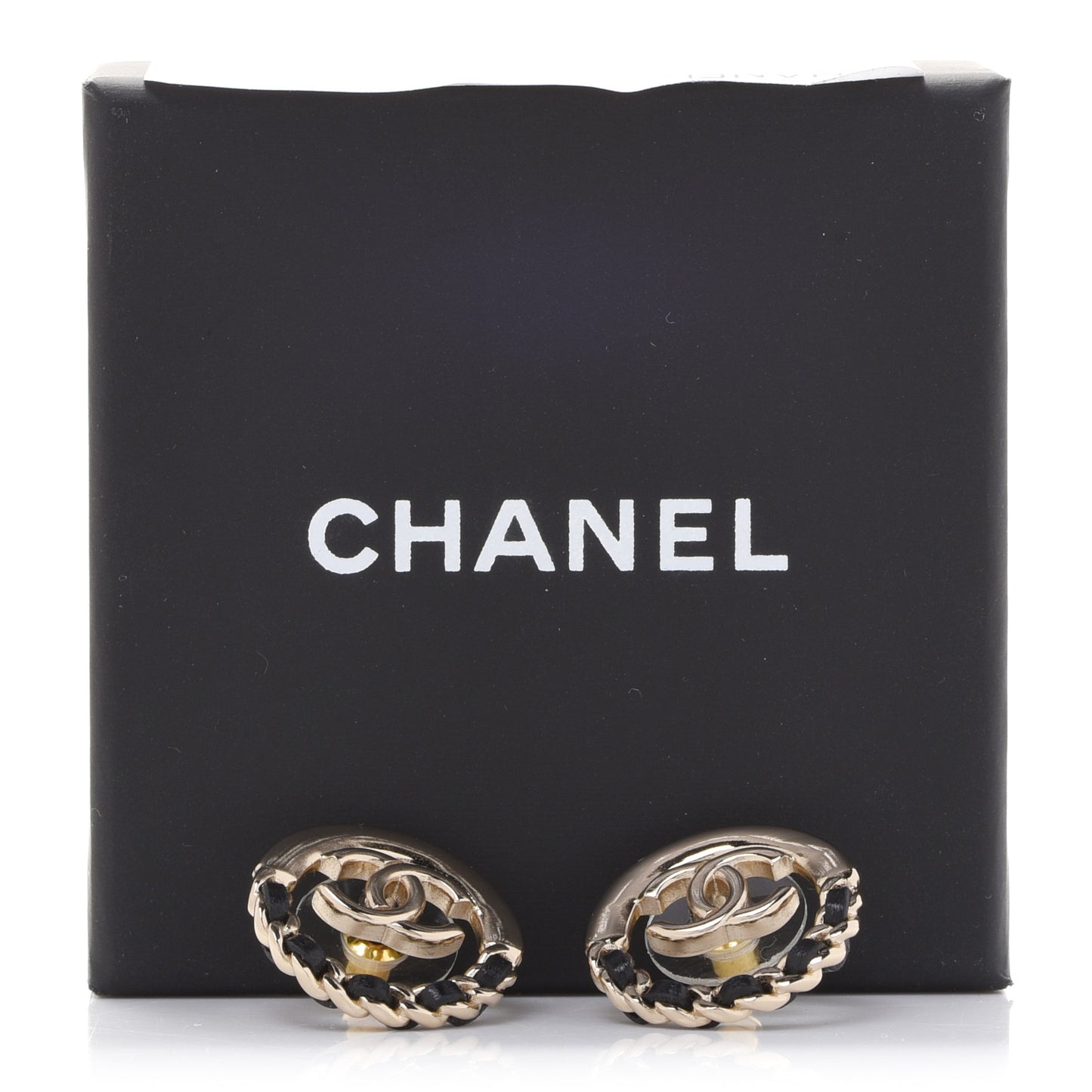 Lambskin Chain CC Round Earrings Gold Black