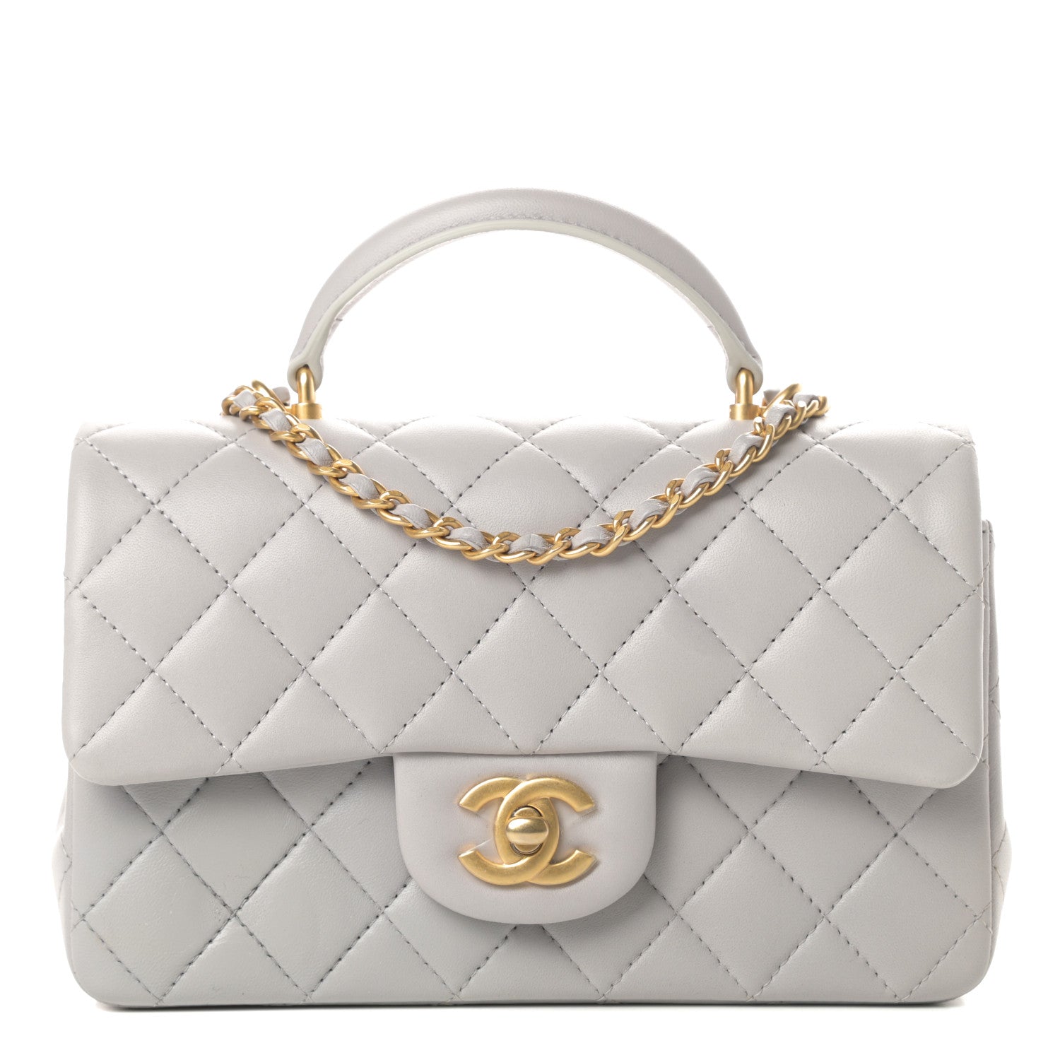 Chanel Lambskin Quilted Mini Top Handle Rectangular Flap Grey