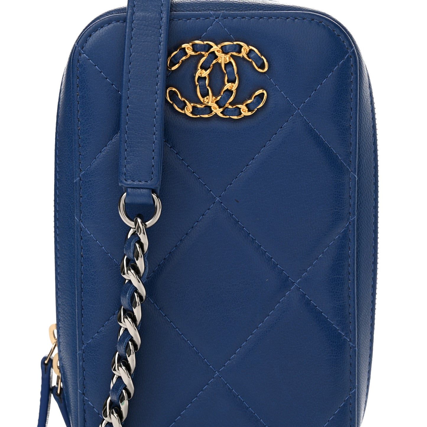 Lambskin Quilted Chanel 19 Zip Phone Case Blue
