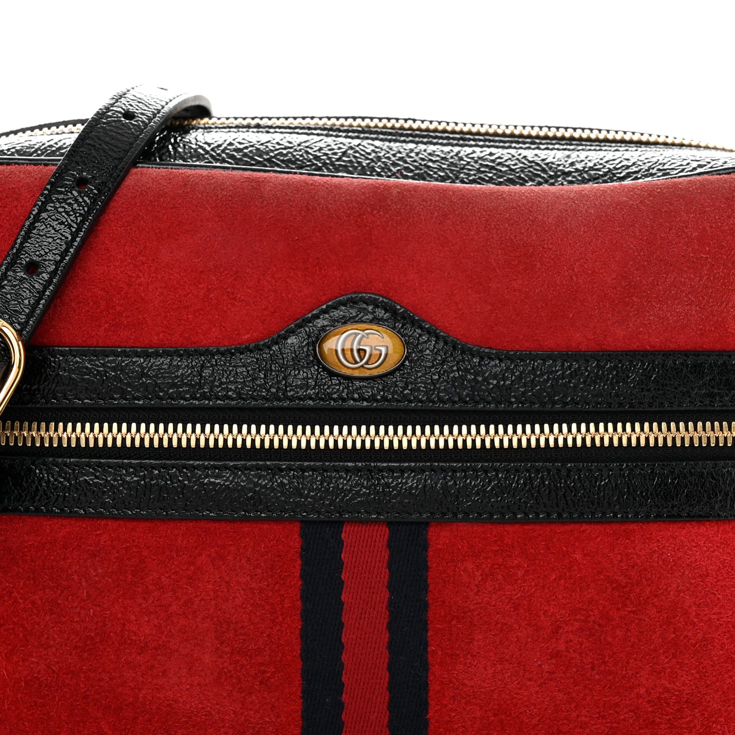 Suede Patent Web Small Ophidia Shoulder Bag Hibiscus Red Black