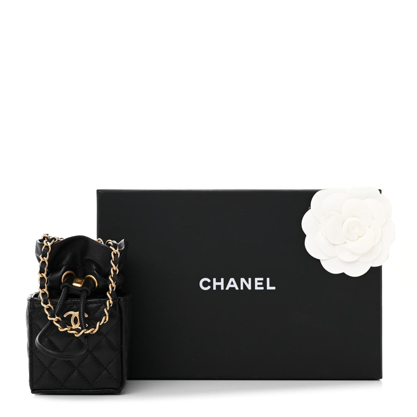 Calfskin Quilted Mini Drawstring Bucket Bag Black