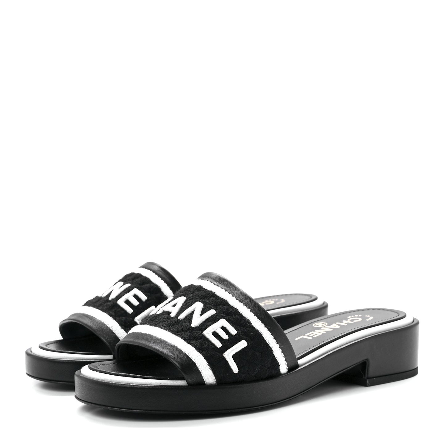 Lambskin Embroidered CC Mule Sandal 37 Black White