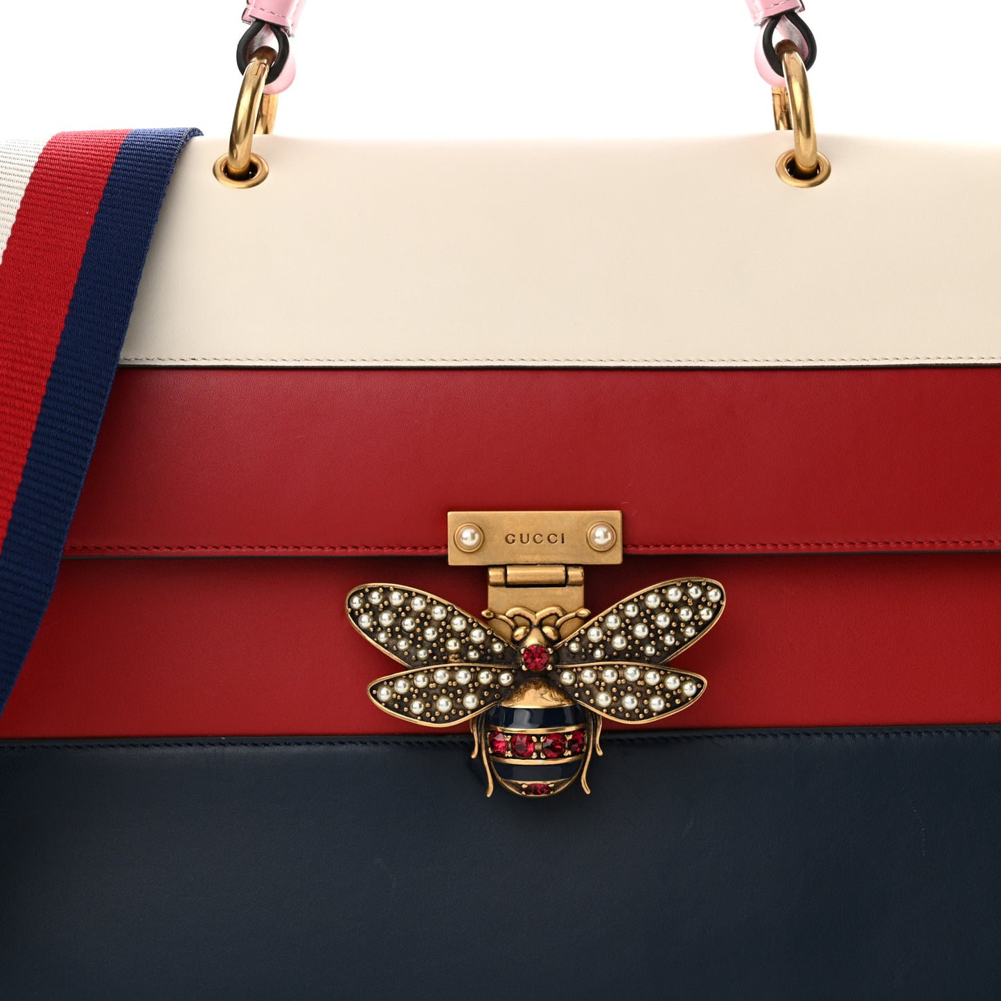 Calfskin Sylvie Web Large Queen Margaret Top Handle Bag Blue Agata Hibiscus Red Mystic White Sugar Pink