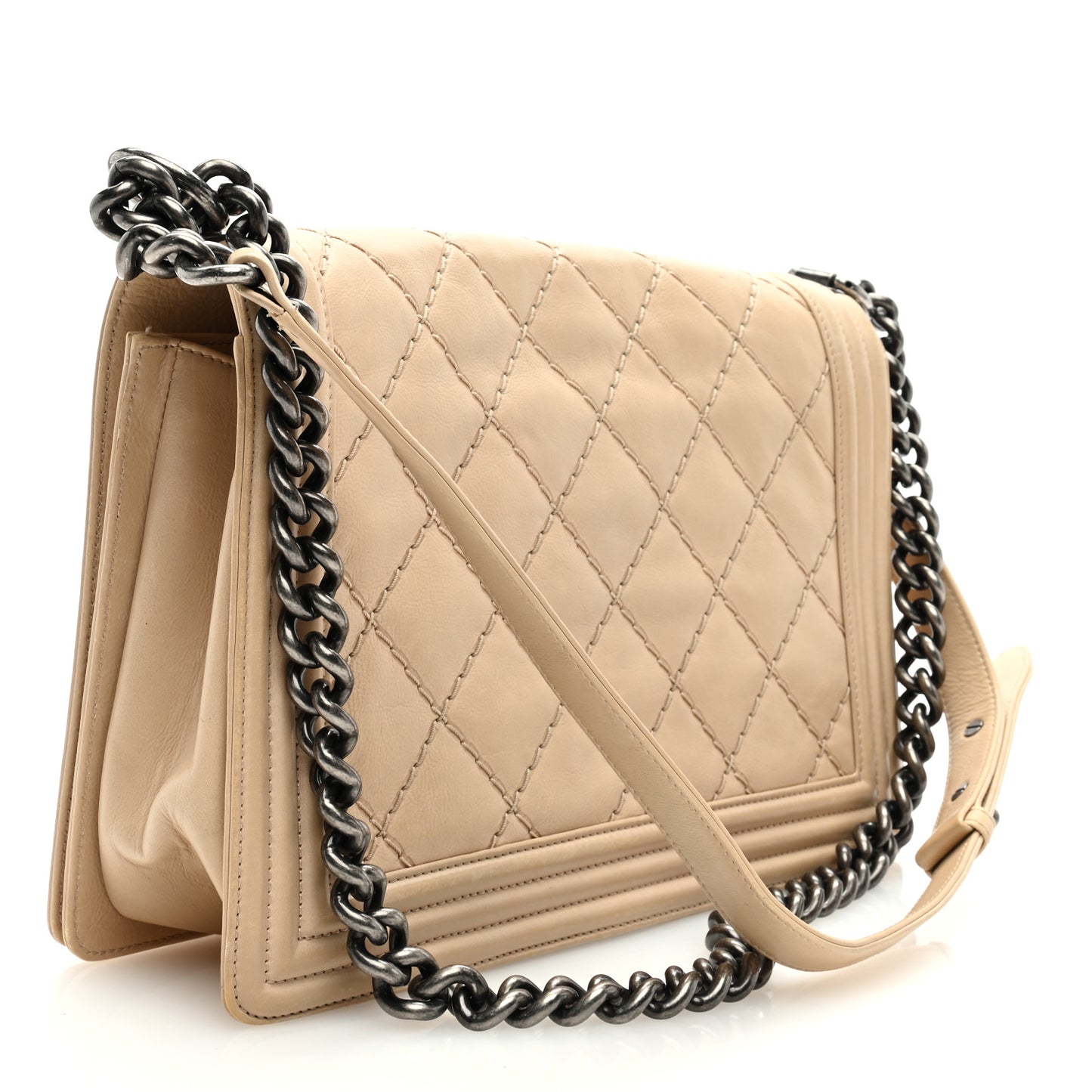 Calfskin Quilted Double Stitch New Medium Boy Flap Beige