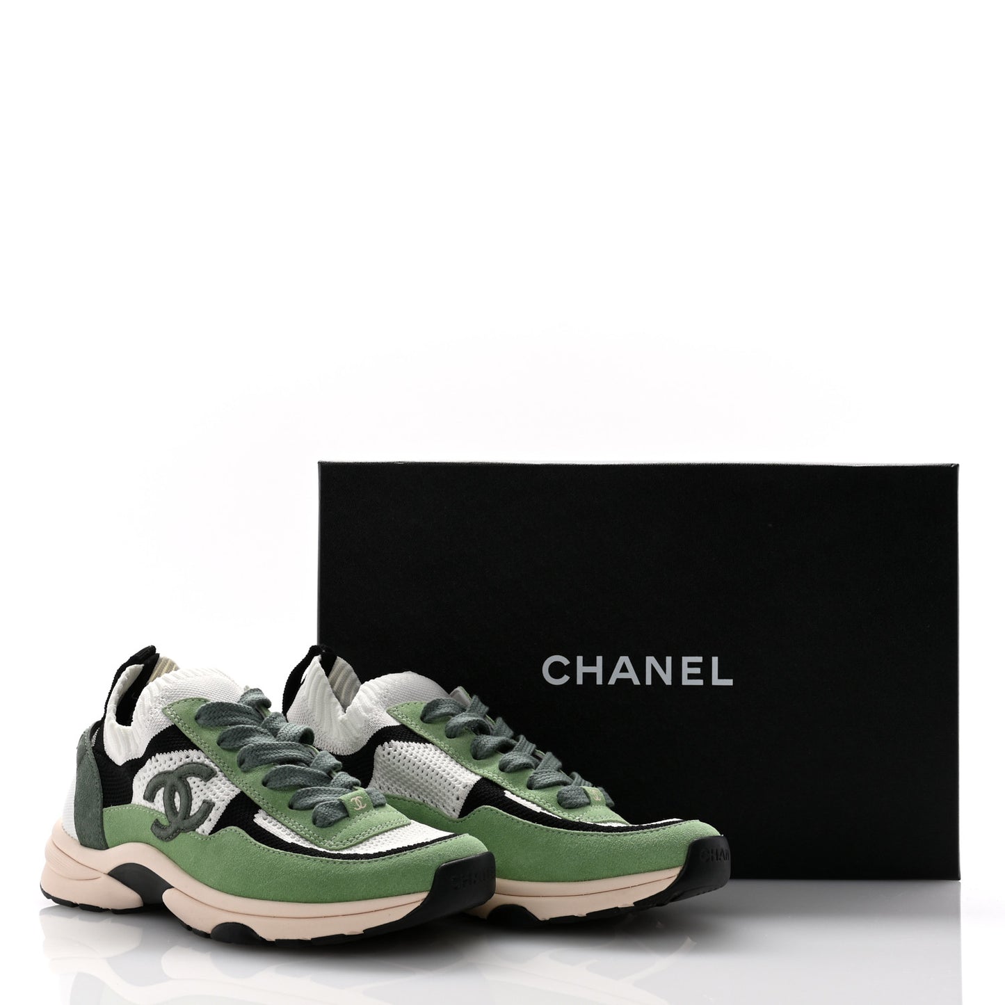 Knit Suede Fabric Womens CC Sneakers 37 Green Dark Green White Black