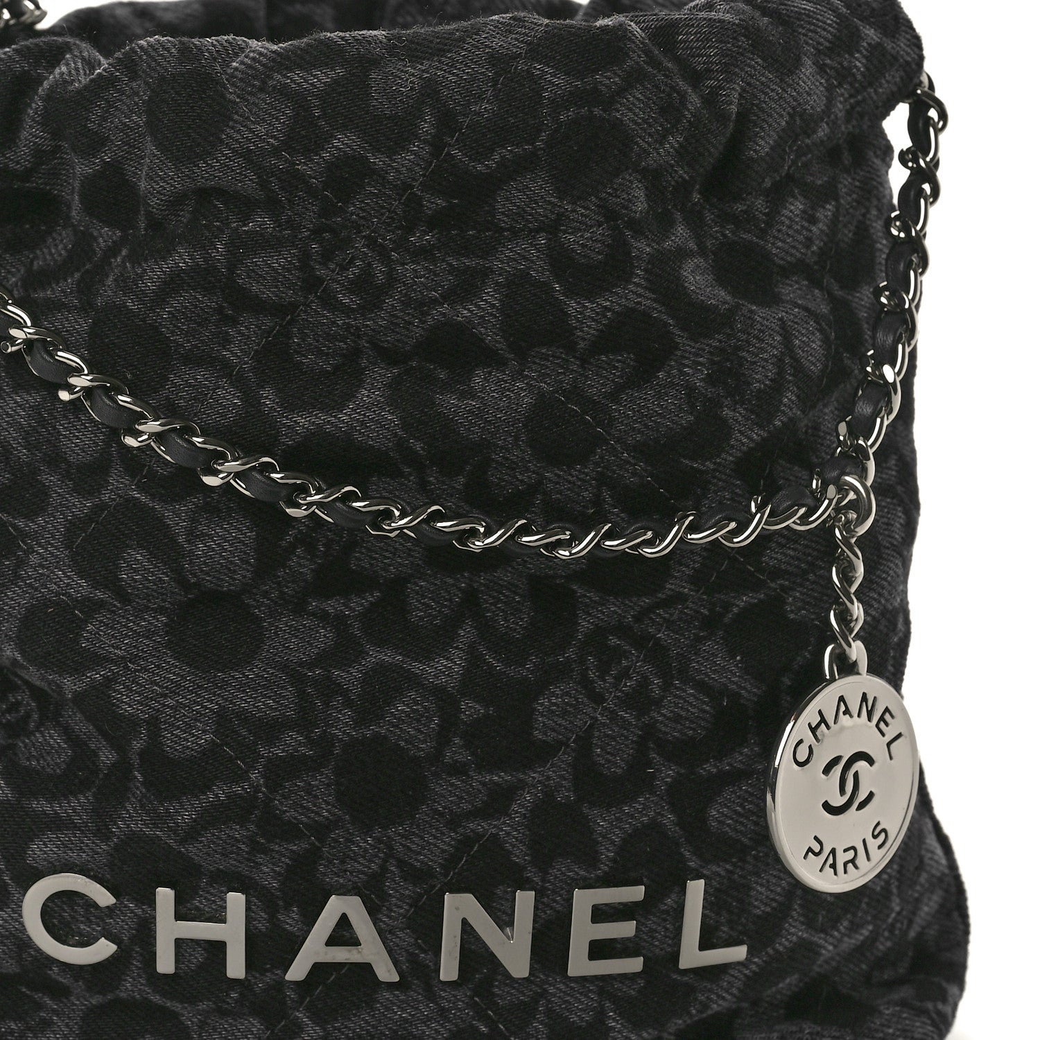 Chanel Denim Quilted Floral Print Mini Chanel 22 Black Grey 8 of 10