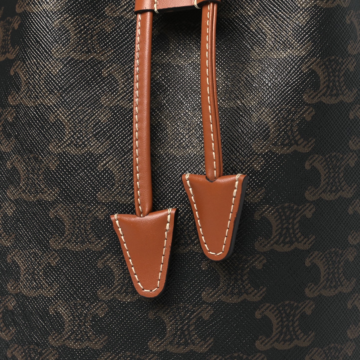 Triomphe Canvas Calfskin Clara Drawstring Bucket Bag Tan