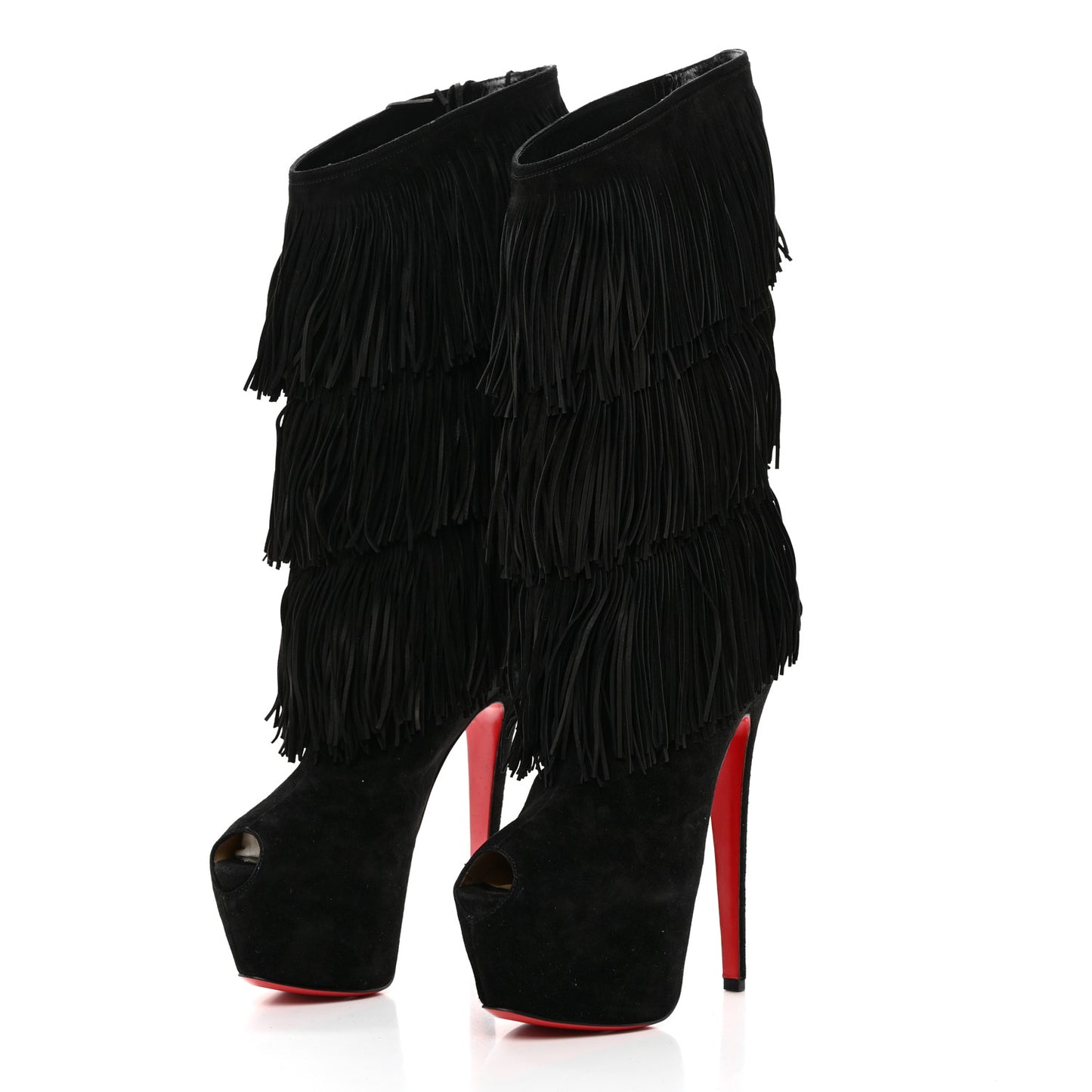 Suede Highness Tina Fringe Platform Peep Toe Boots 37.5 Black
