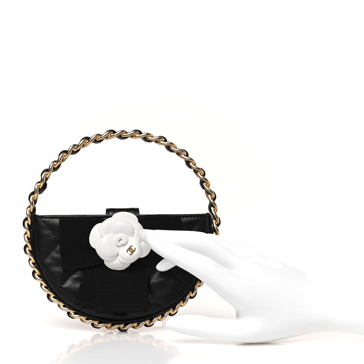 Lambskin Quilted Round Camellia Mini Clutch Black