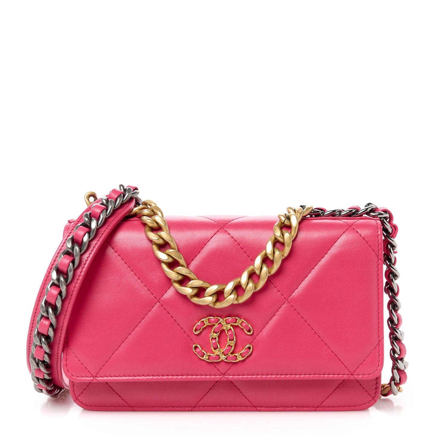 Lambskin Quilted Chanel 19 Wallet On Chain WOC Dark Pink