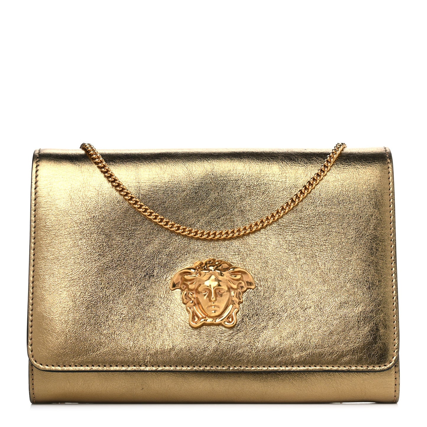 Metallic Vitello Palazzo Medusa Evening Clutch Bag Gold