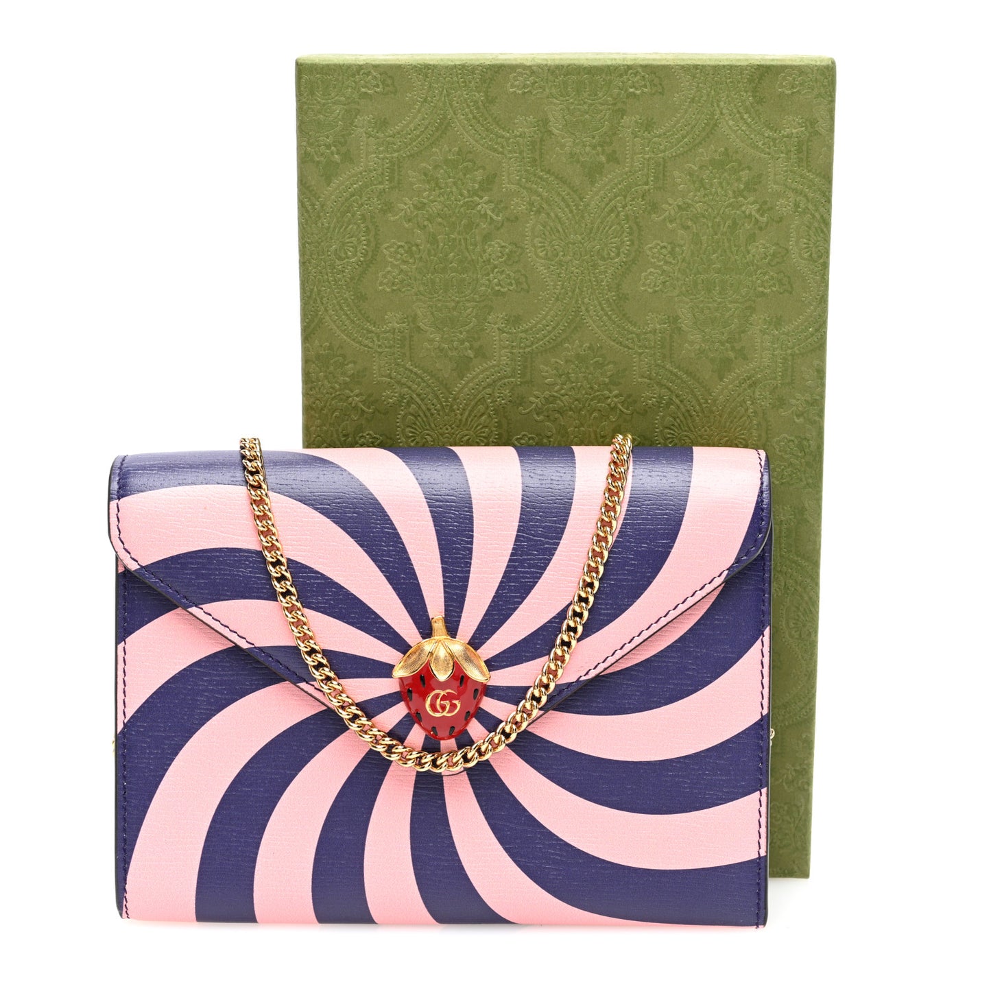 Textured Dollar Calfskin Enamel Double G Strawberry Wallet On Chain Pink Blue