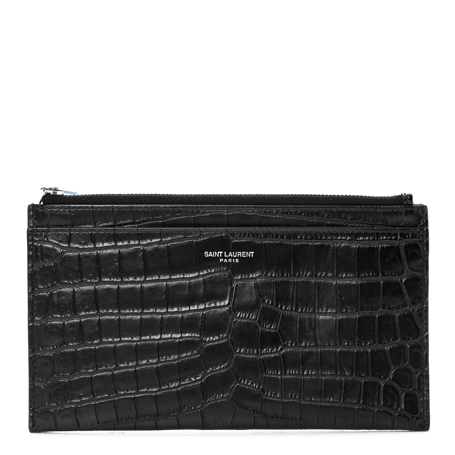 Saint Laurent Calfskin Crocodile Embossed Zip Pouch Black 1 of 9